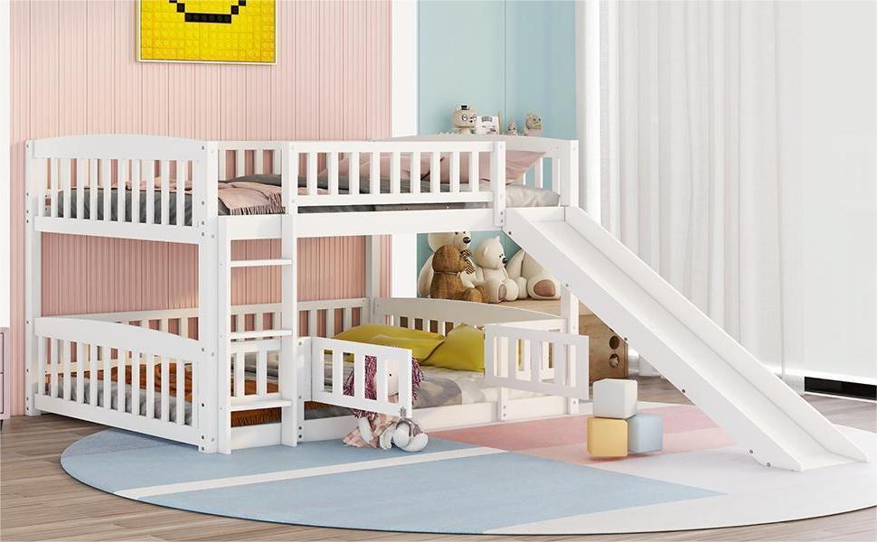 Bunk Bed with Slide,Full Over Full Low Bunk Bed with Fence and Ladder for Toddler Kids Teens White - Atlantic Fine Furniture Melbourne FL