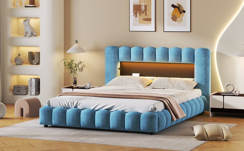 Queen Size Upholstered Platform Bed with LED Headboard and USB, Blue - Atlantic Fine Furniture Melbourne FL