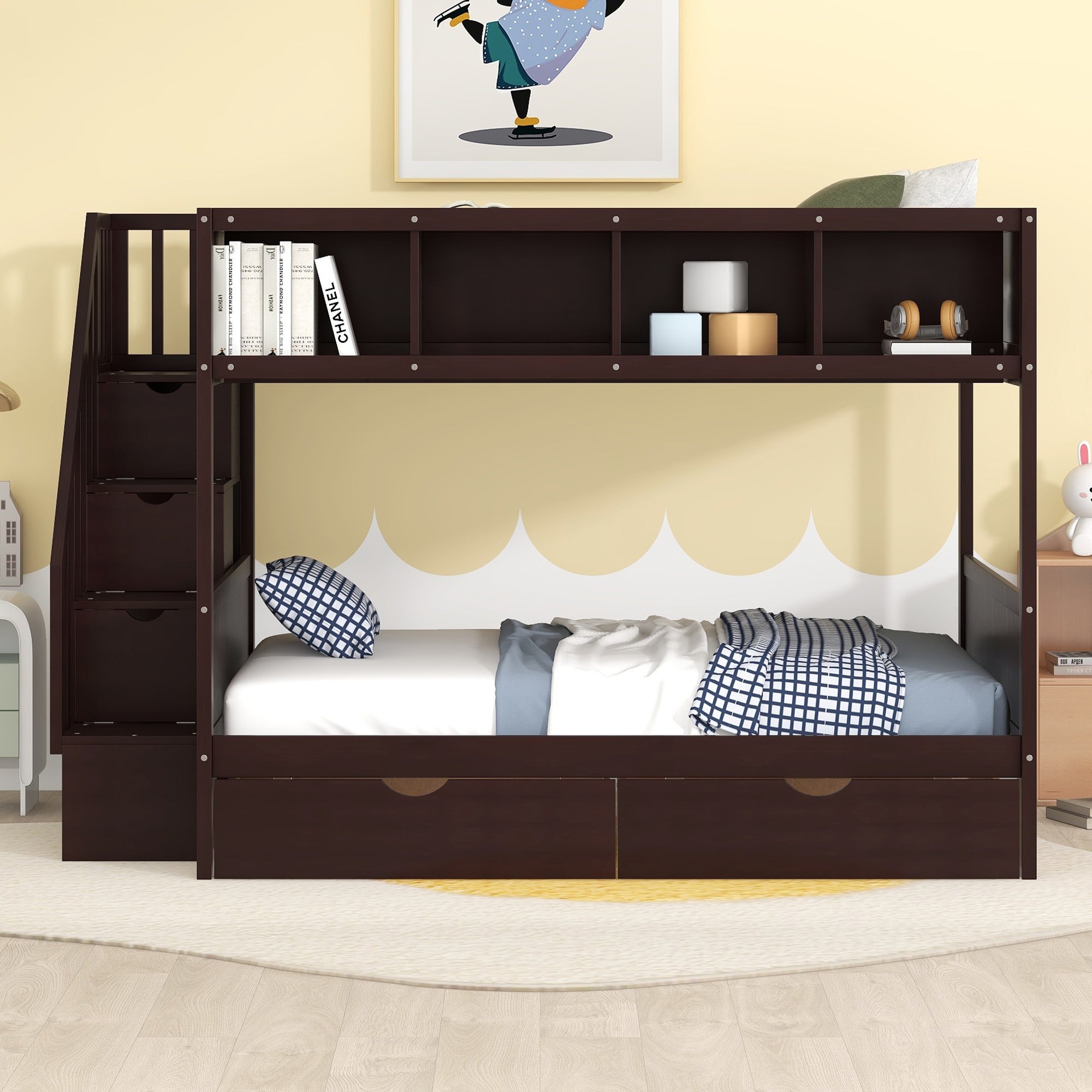 Twin over Full Bunk Bed with Shelfs, Storage Staircase and 2 Drawers, Espresso - Atlantic Fine Furniture Melbourne FL