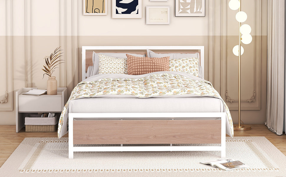 Queen Size Platform Bed, Metal and Wood Bed Frame with Headboard and Footboard , White - Atlantic Fine Furniture Melbourne FL
