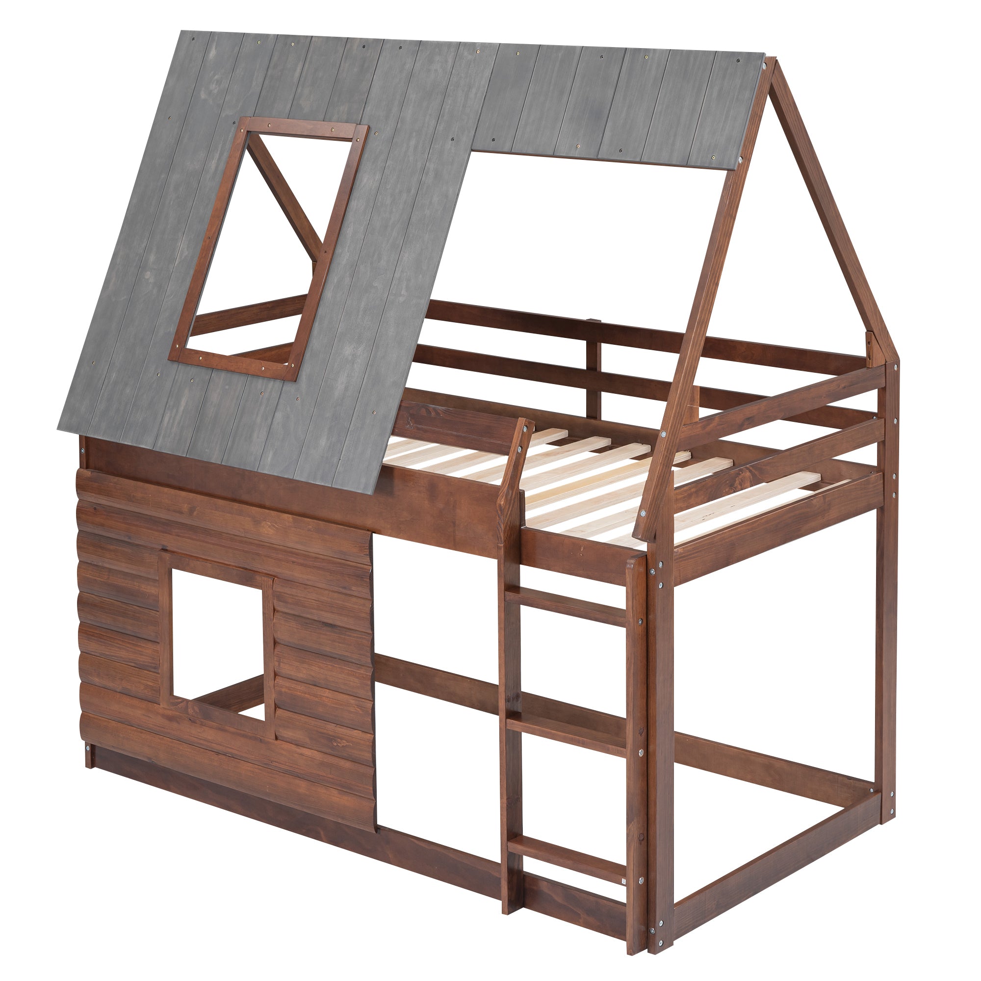 Wood Twin Size House Bunk Bed with Roof, Ladder and 2 Windows, Oak & Smoky Grey - Atlantic Fine Furniture Melbourne FL