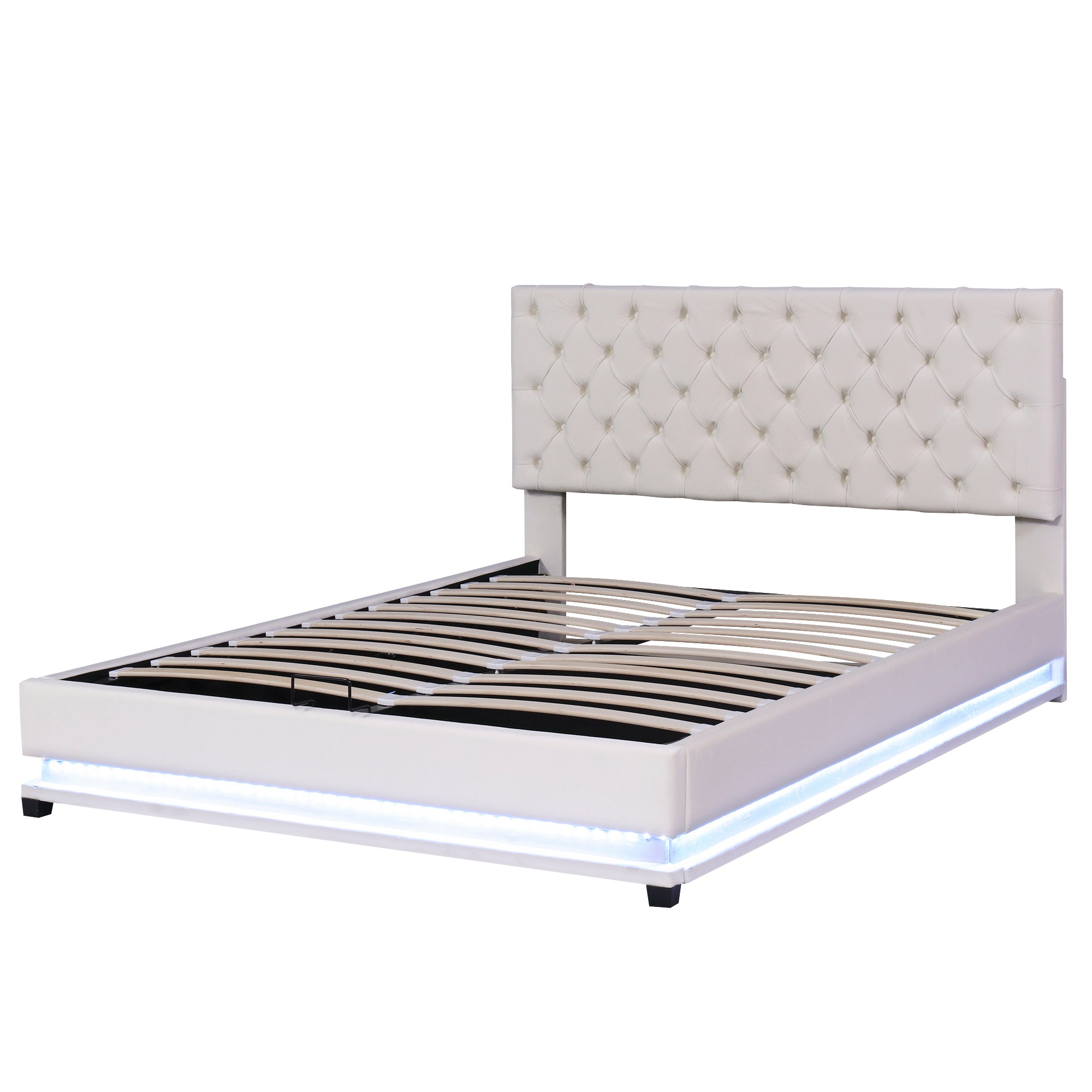 Queen Size Storage Upholstered Platform Bed with Adjustable Tufted Headboard and LED Light, Beige - Atlantic Fine Furniture Melbourne FL