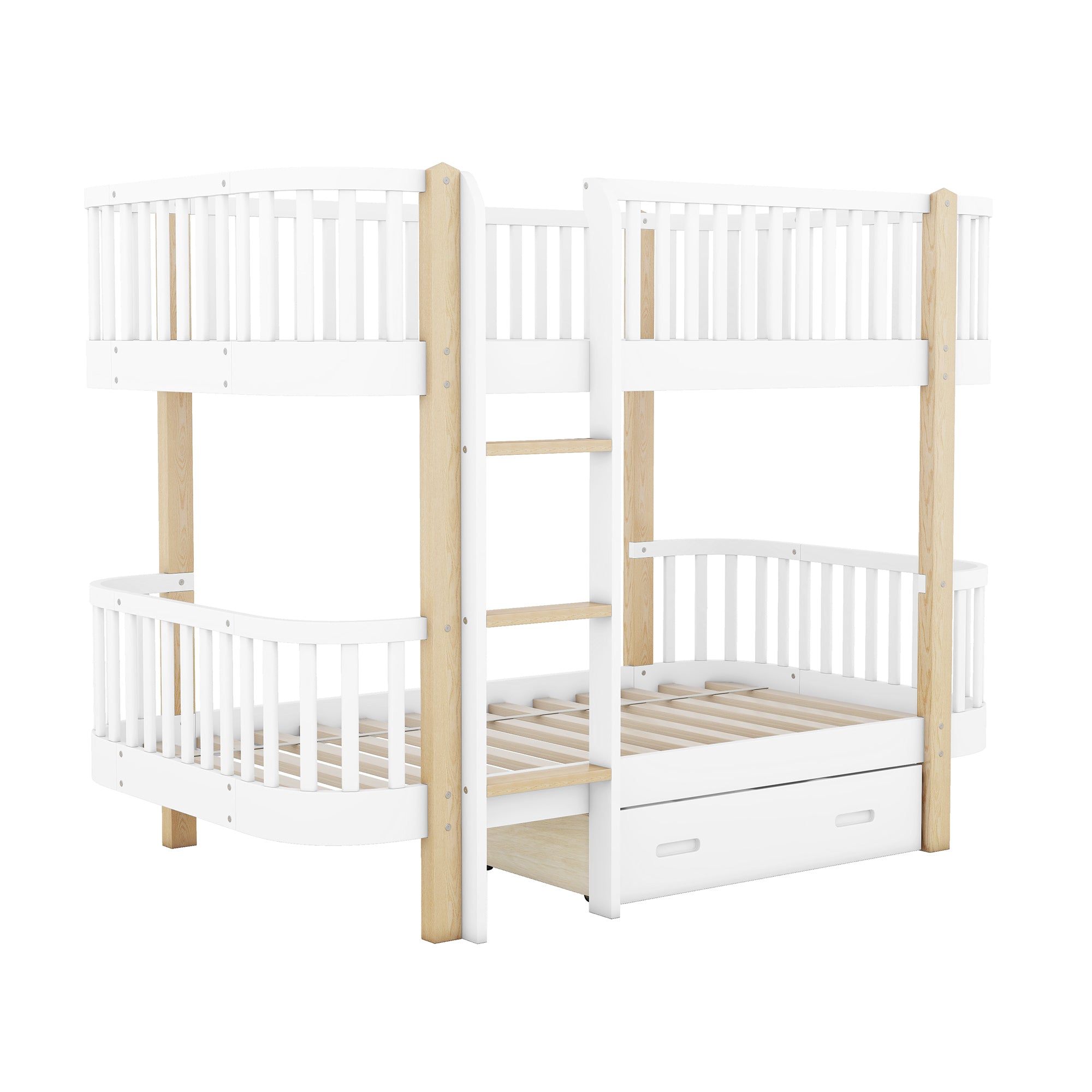 Wood Twin over Twin Bunk Bed with Fence Guardrail and a Big Drawer, White - Atlantic Fine Furniture Melbourne FL