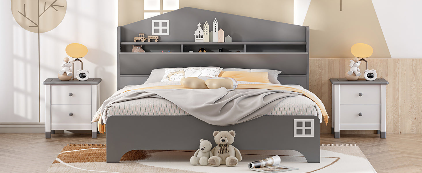 Wooden Full Size House Bed with Storage Headboard ,Kids Bed with Storage Shelf,Grey - Atlantic Fine Furniture Melbourne FL