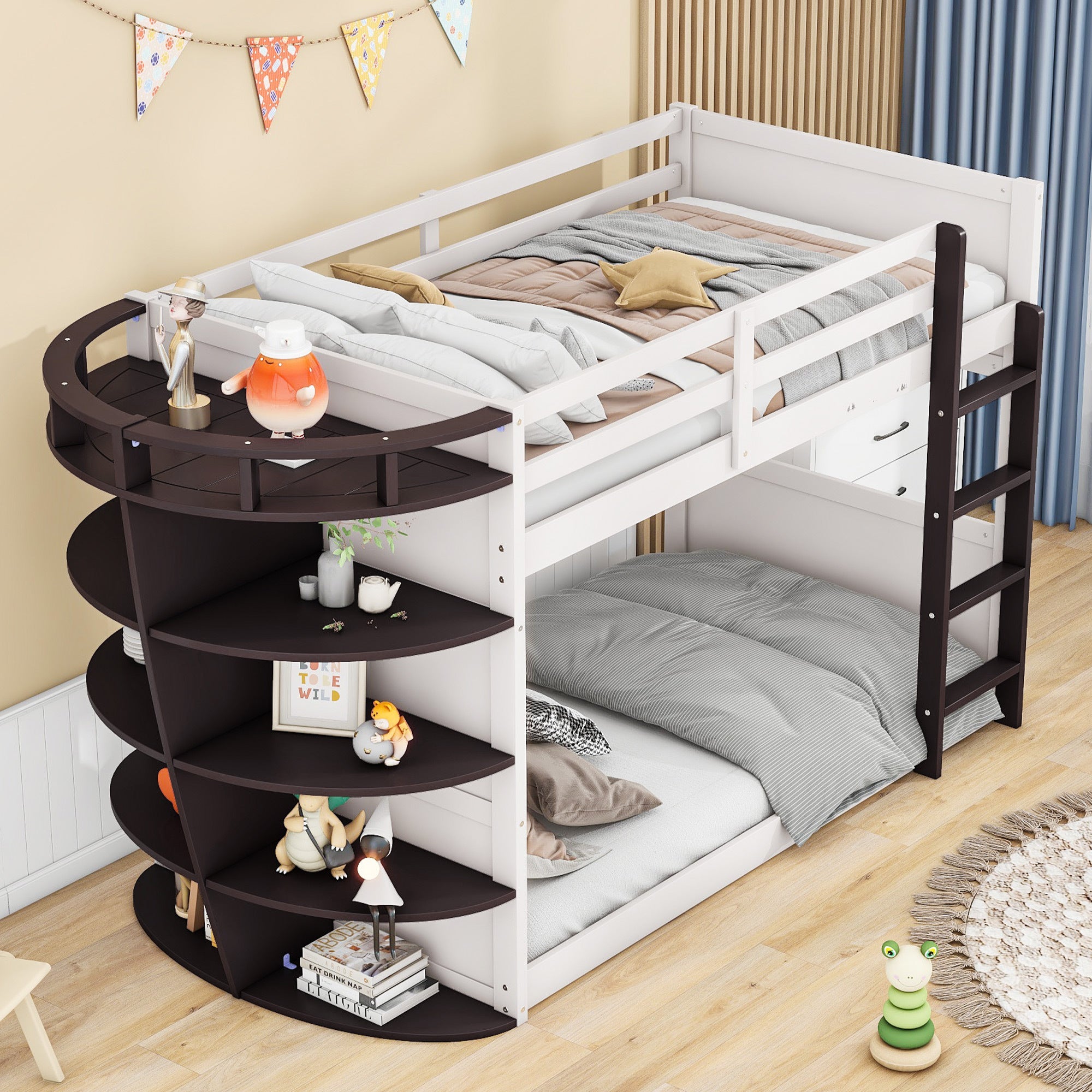 Twin over Twin Boat-Like Shape Bunk Bed with Storage Shelves, Cream+Espresso - Atlantic Fine Furniture Melbourne FL