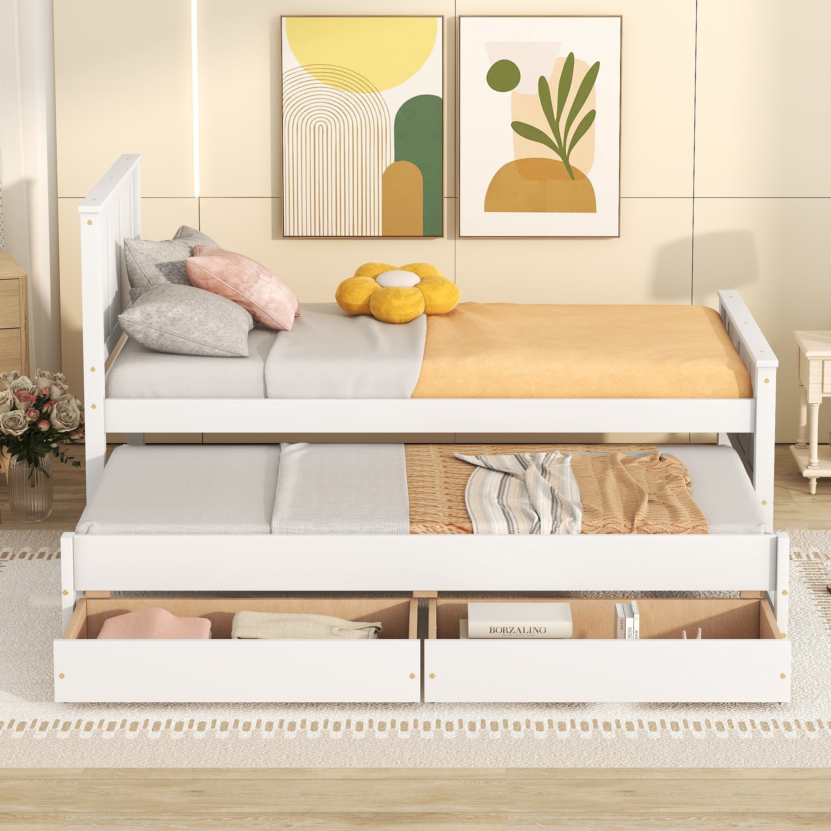 Twin Size Platform Bed with Trundle and Drawers, White - Atlantic Fine Furniture Melbourne FL