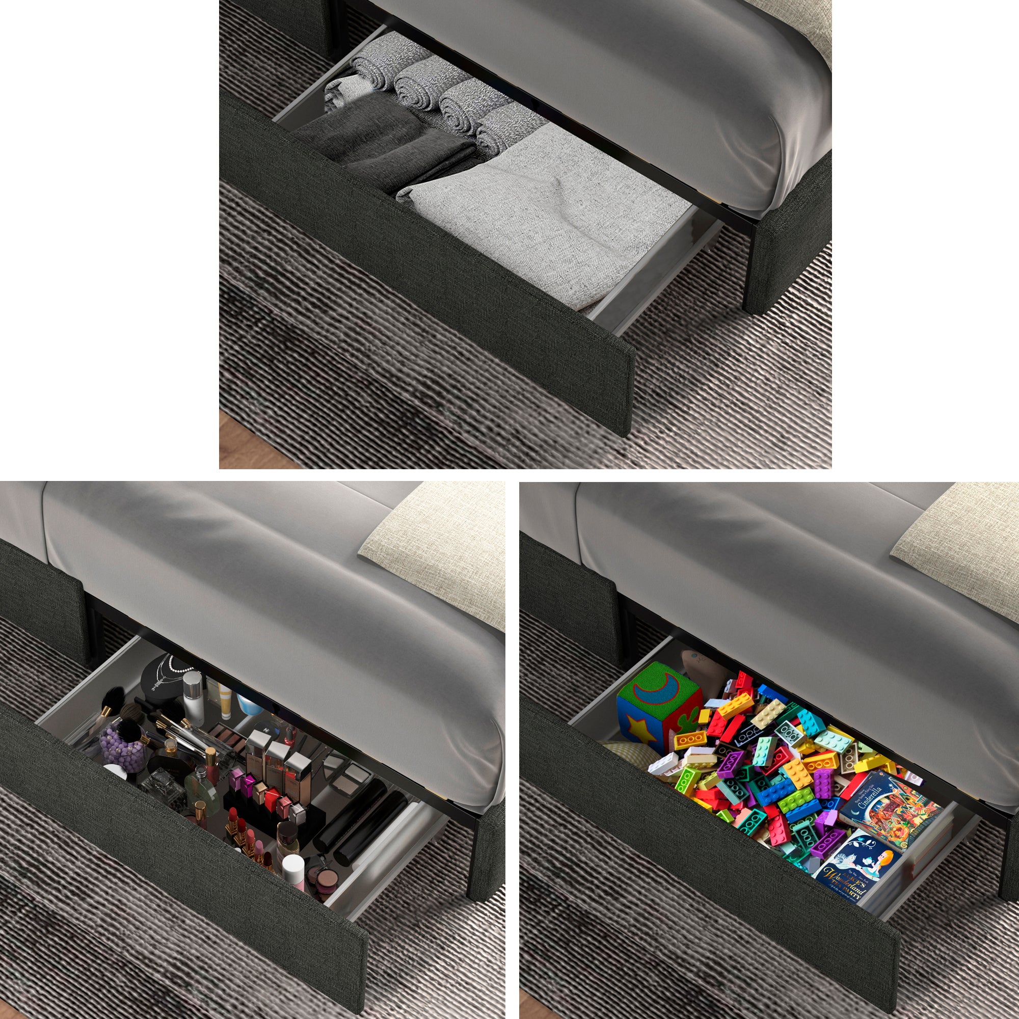 Vera Full Size Gray Linen Upholstered Platform Bed with Patented 4 Drawers Storage, Square Stitched Button Tufted Headboard, Wooden Slat Mattress Support No Box Spring Required - Atlantic Fine Furniture Melbourne FL