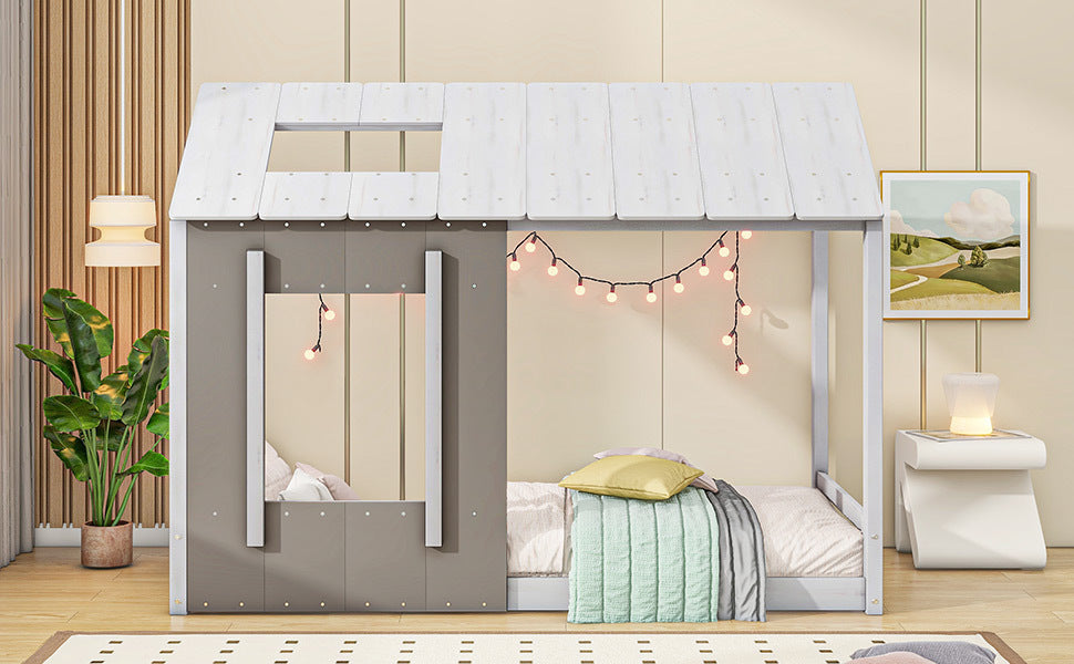 Twin Size House Platform with Roof and Window, White+Antique Grey(Old SKU: WF294130AAE) - Atlantic Fine Furniture Melbourne FL