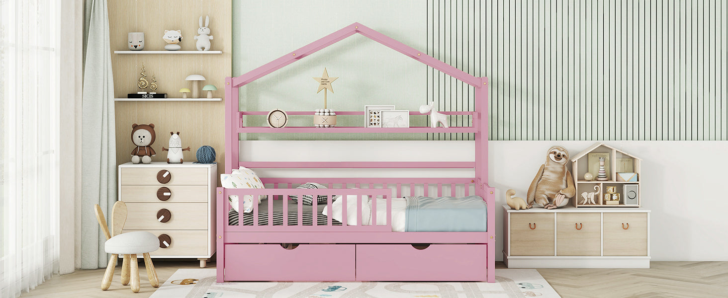 Wooden Twin Size House Bed with 2 Drawers,Kids Bed with Storage Shelf, Pink - Atlantic Fine Furniture Melbourne FL