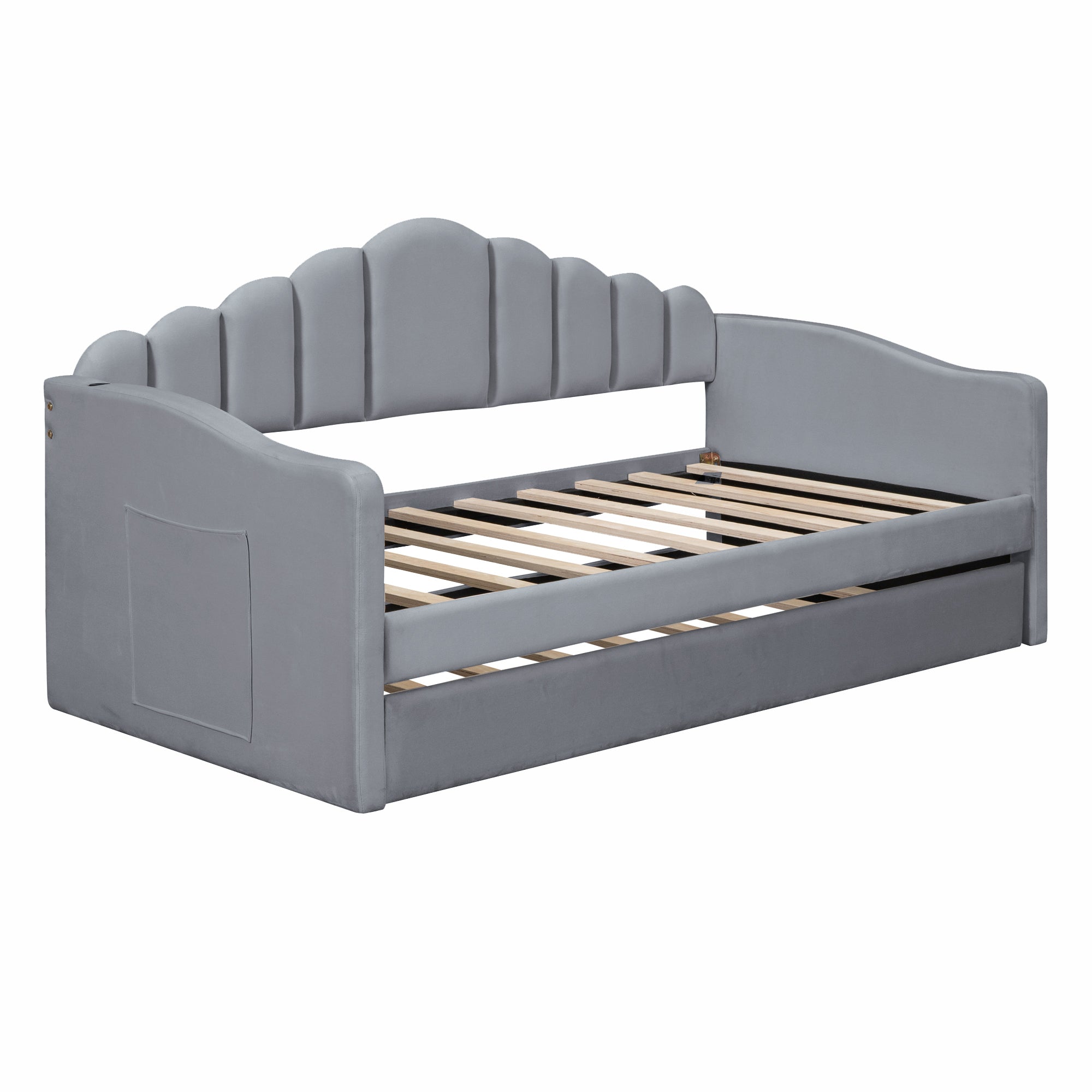 Twin size Upholstered Daybed with Trundle ,Velvet Sofabed with USB Charging Ports,No Box-spring Needed,Gray - Atlantic Fine Furniture Melbourne FL