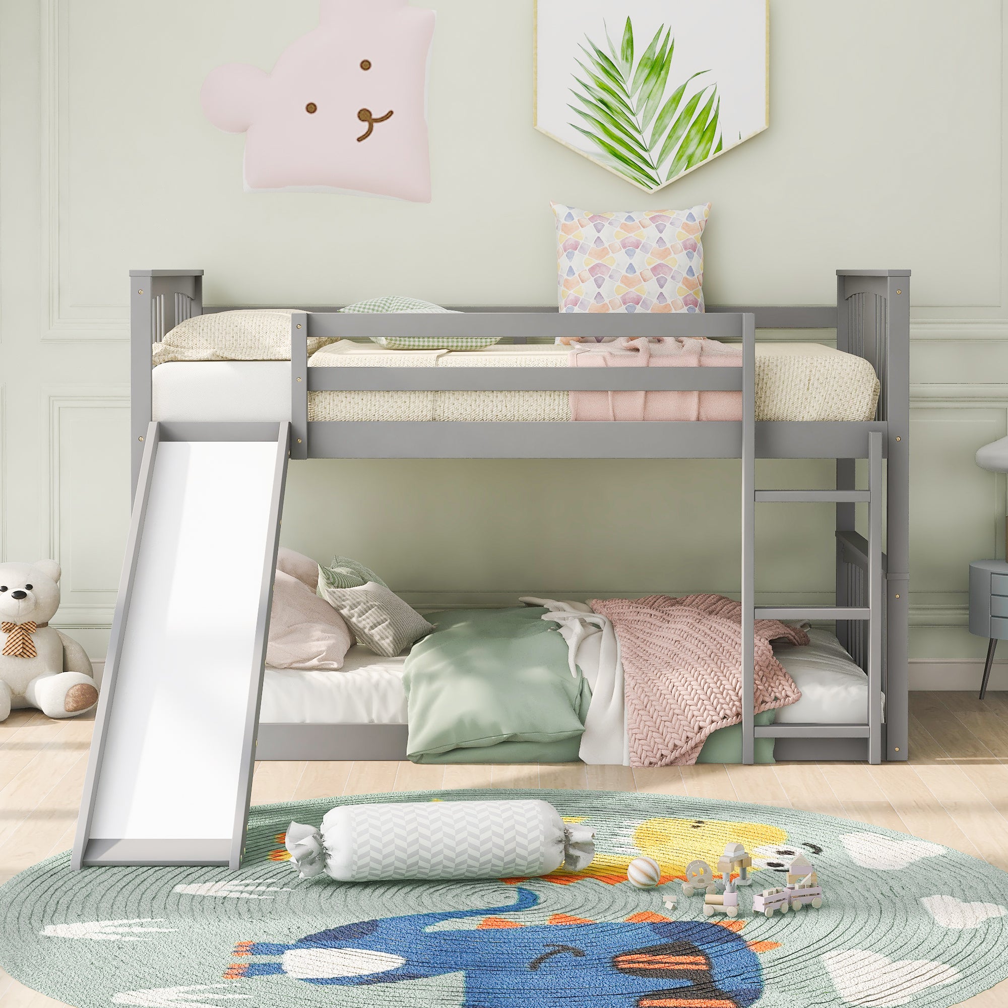 Twin Over Twin Bunk Bed with Slide and Ladder, Gray (Old SKU:LP000108AAE)