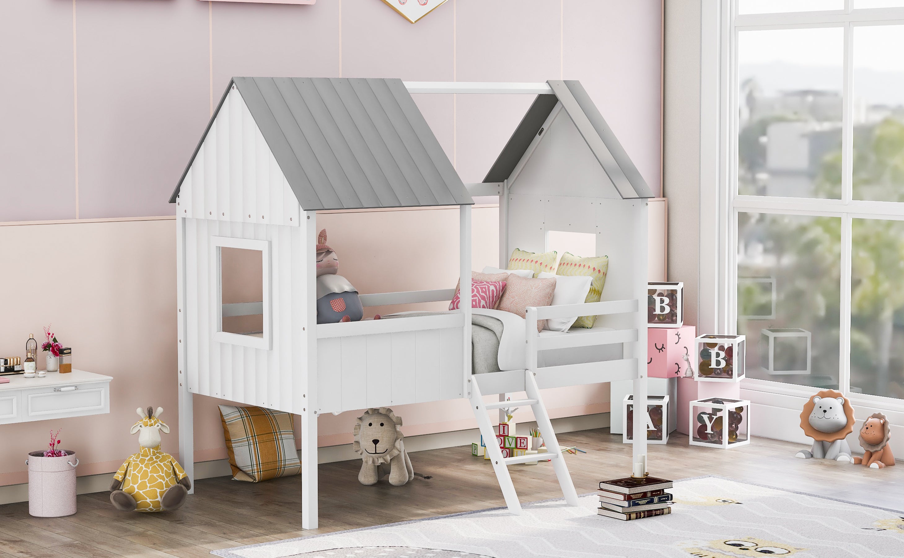 Twin Size Low Loft Wood House Bed with Two Side Windows (White+Gray)(OLD SKU: LP000037AAE)