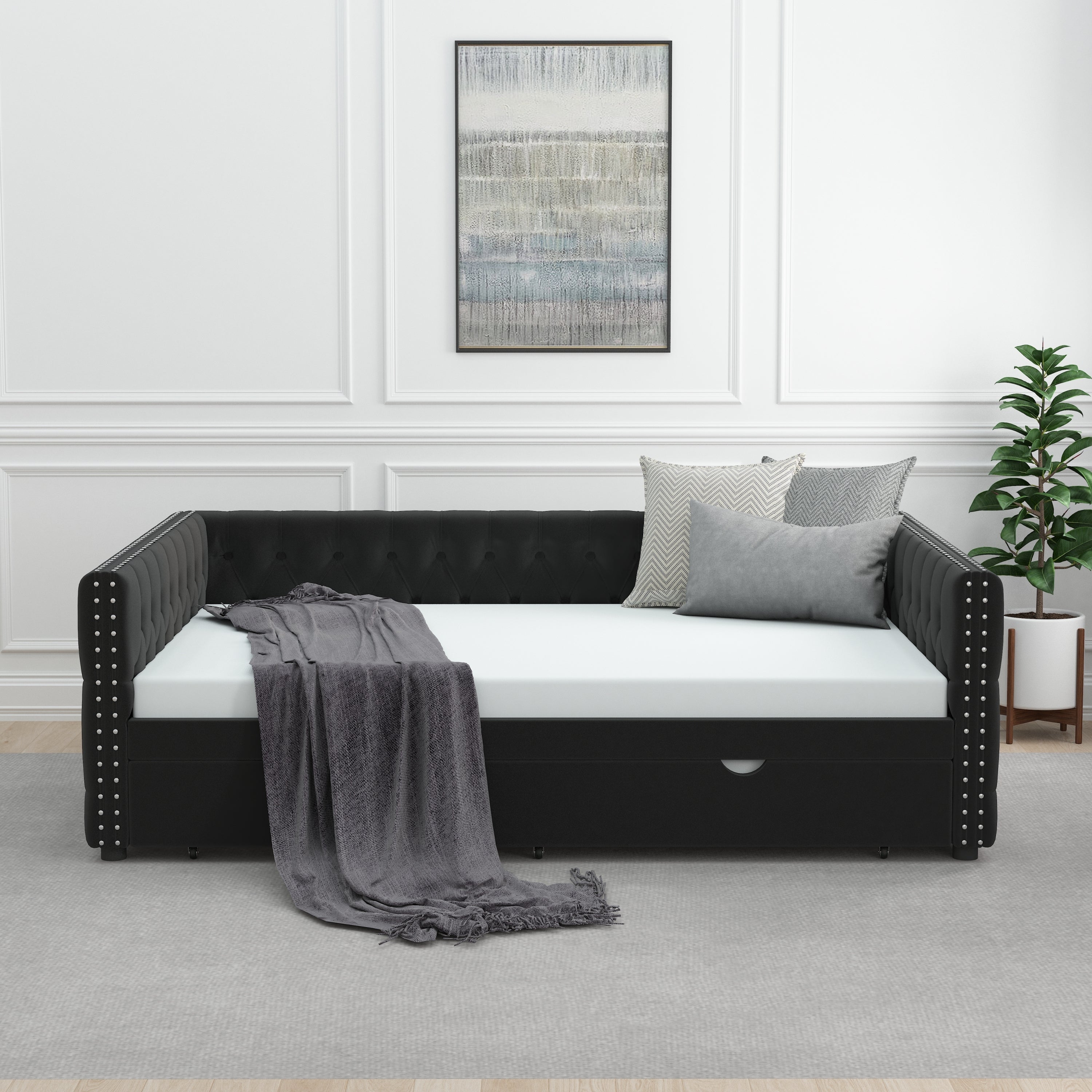 Daybed with Trundle Velvet Upholstered Tufted Sofa Bed, with Button and Copper Nail onSquare Arms,Full Daybed & Twin Trundle- For Bedroom, Living Room, Guest Room,(83"x57"x26") - Atlantic Fine Furniture Melbourne FL
