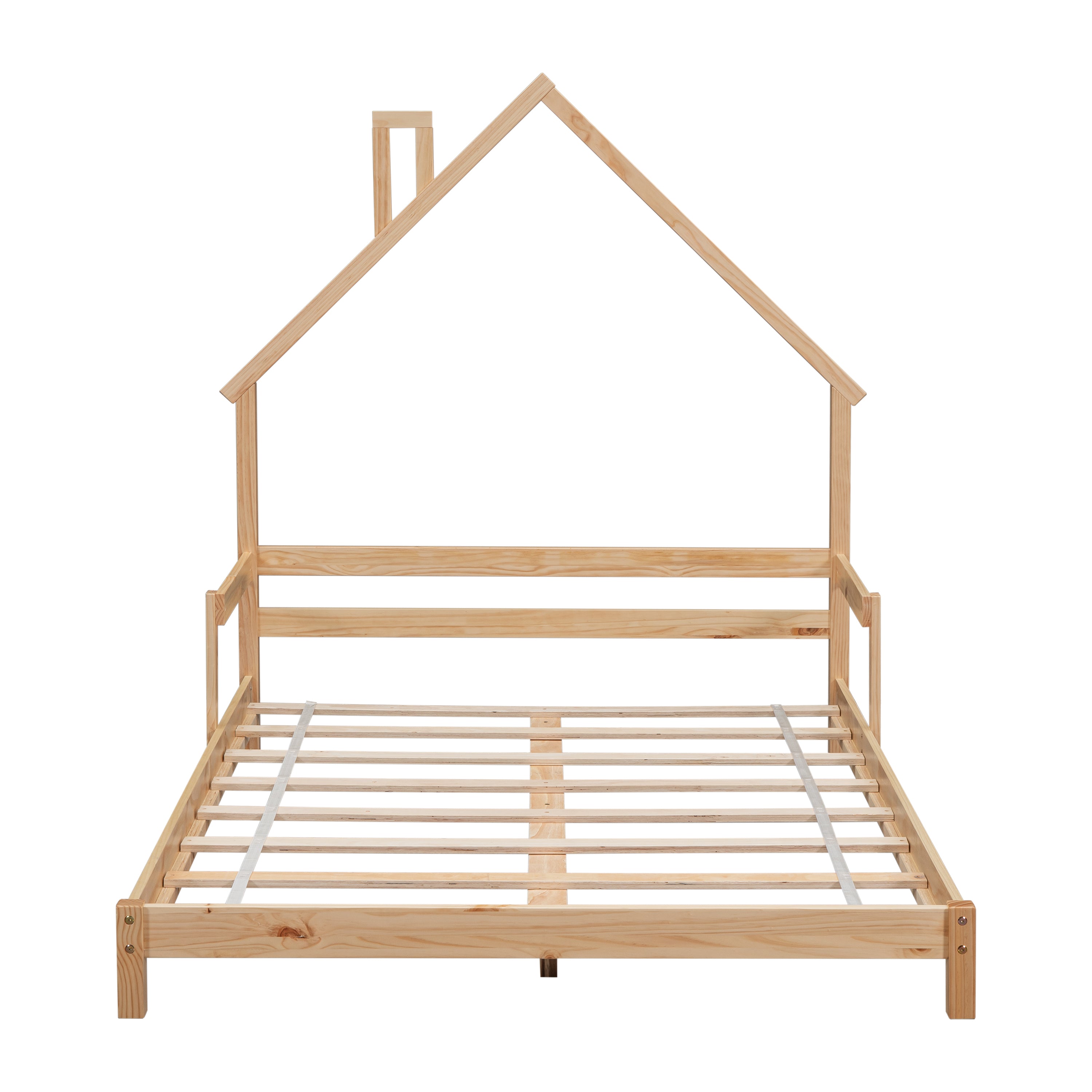 Full House-Shaped Headboard Bed with Handrails ,slats
,Natural