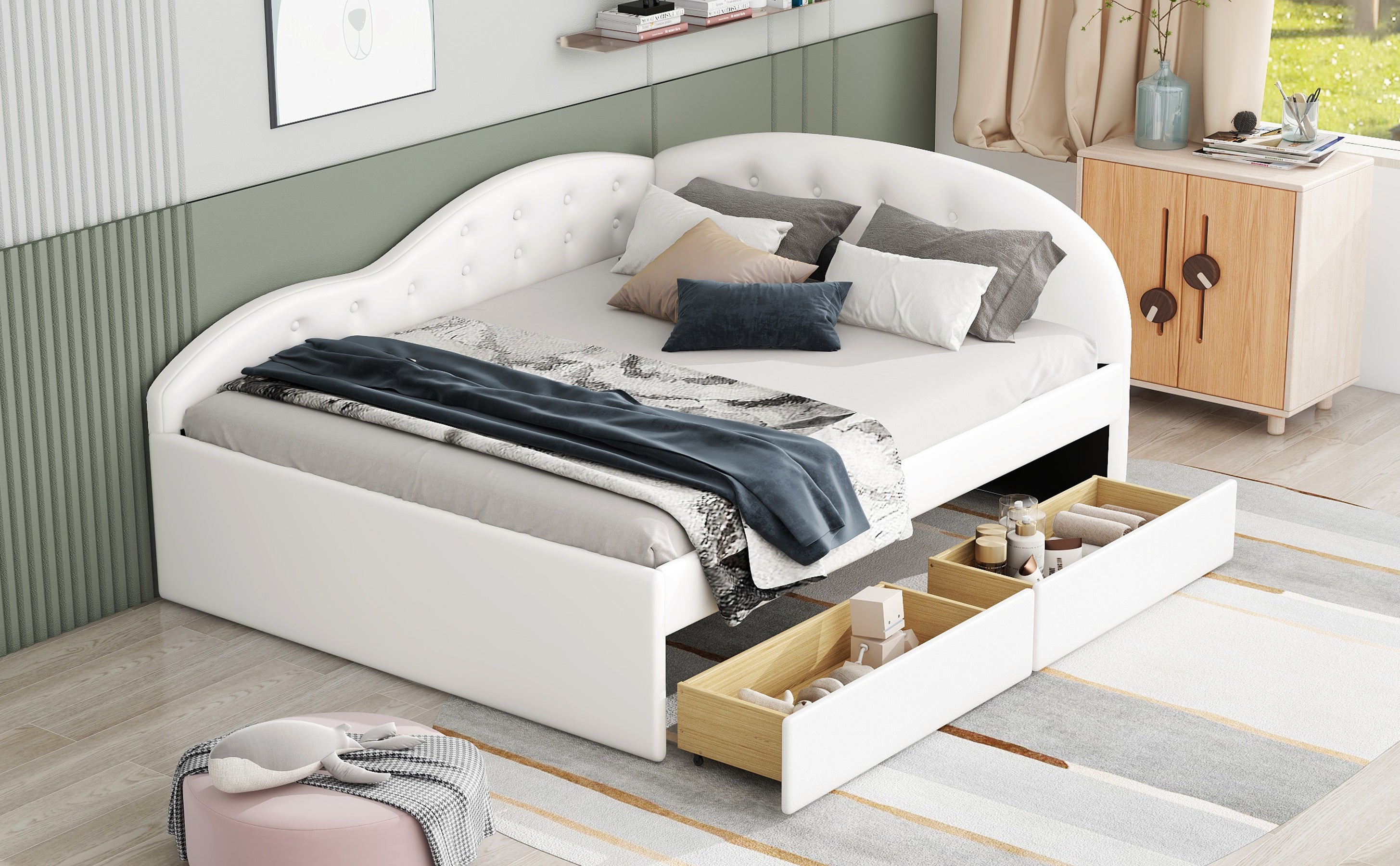 Full Size PU Upholstered Tufted Daybed with Two Drawers and Cloud Shaped Guardrail, White - Atlantic Fine Furniture Melbourne FL