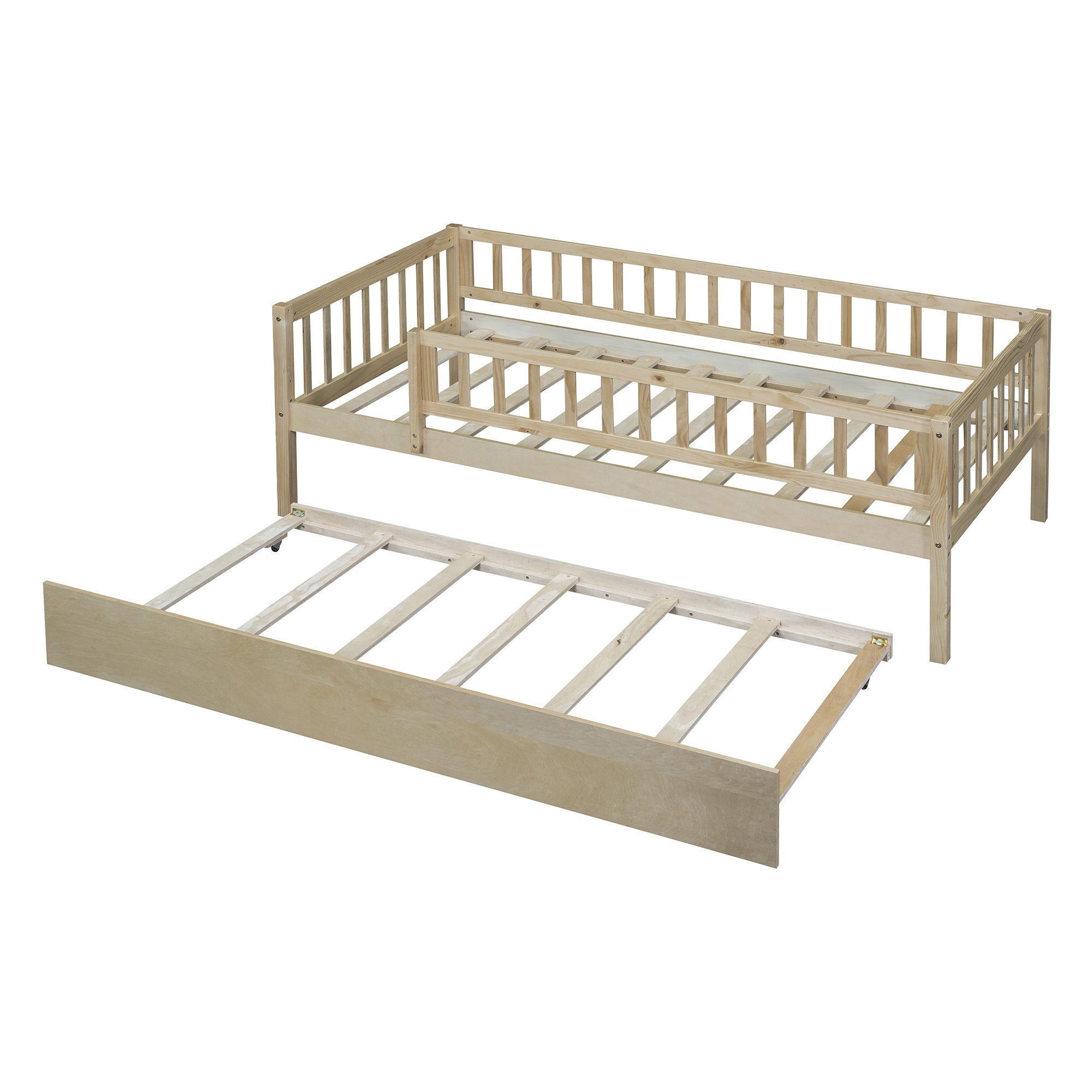 Twin Size Wood Daybed with Trundle and Fence Guardrails, Natural - Atlantic Fine Furniture Melbourne FL
