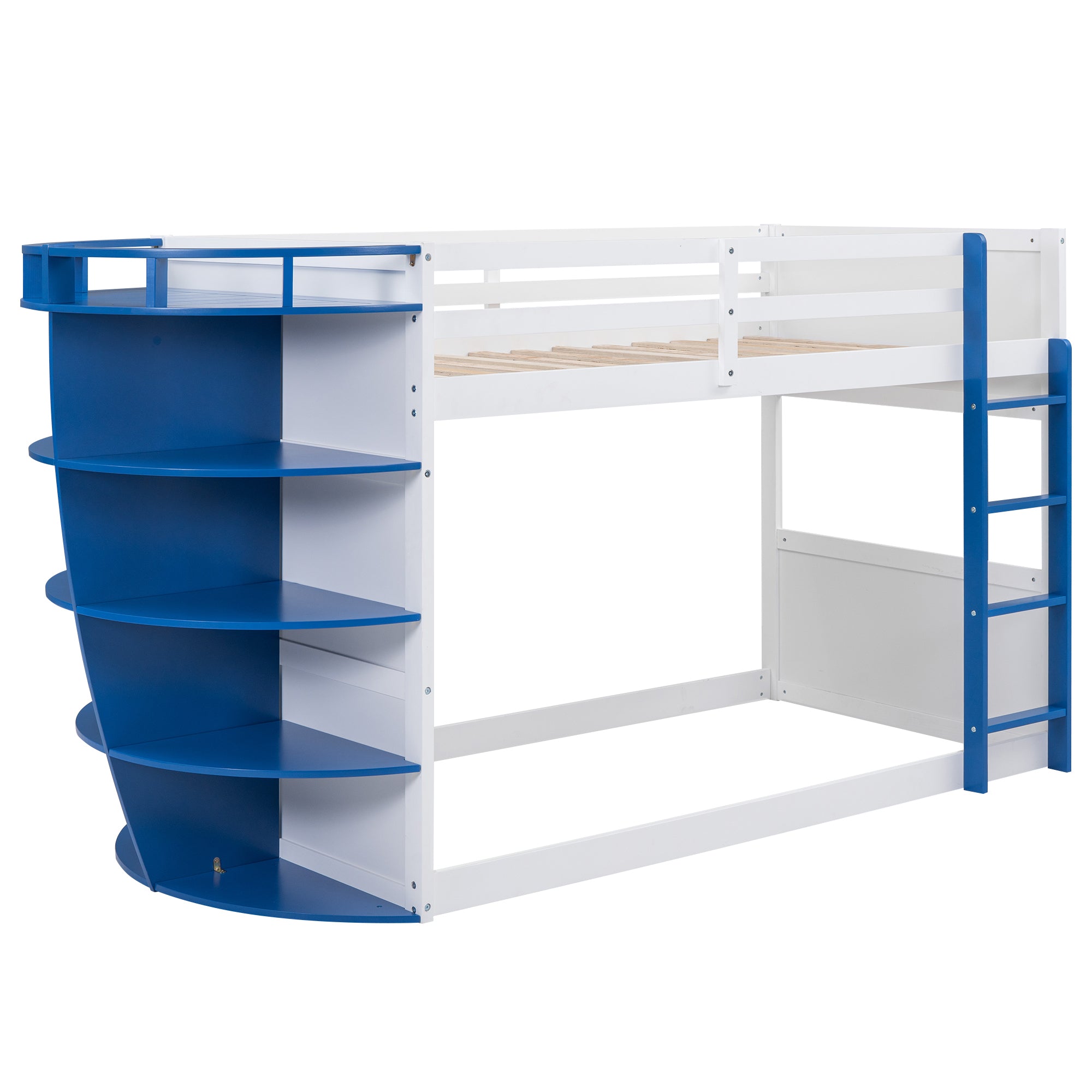 Twin over Twin Boat-Like Shape Bunk Bed with Storage Shelves, White+Blue - Atlantic Fine Furniture Melbourne FL