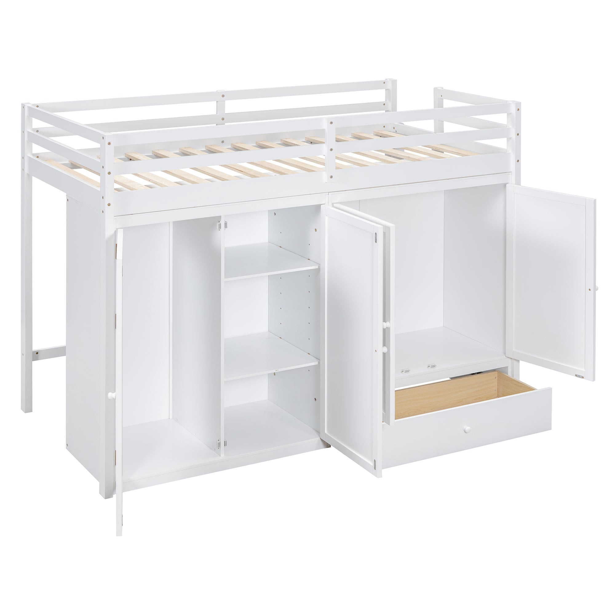 Twin size Loft Bed with Drawer, Two Wardrobes and Mirror, White - Atlantic Fine Furniture Melbourne FL