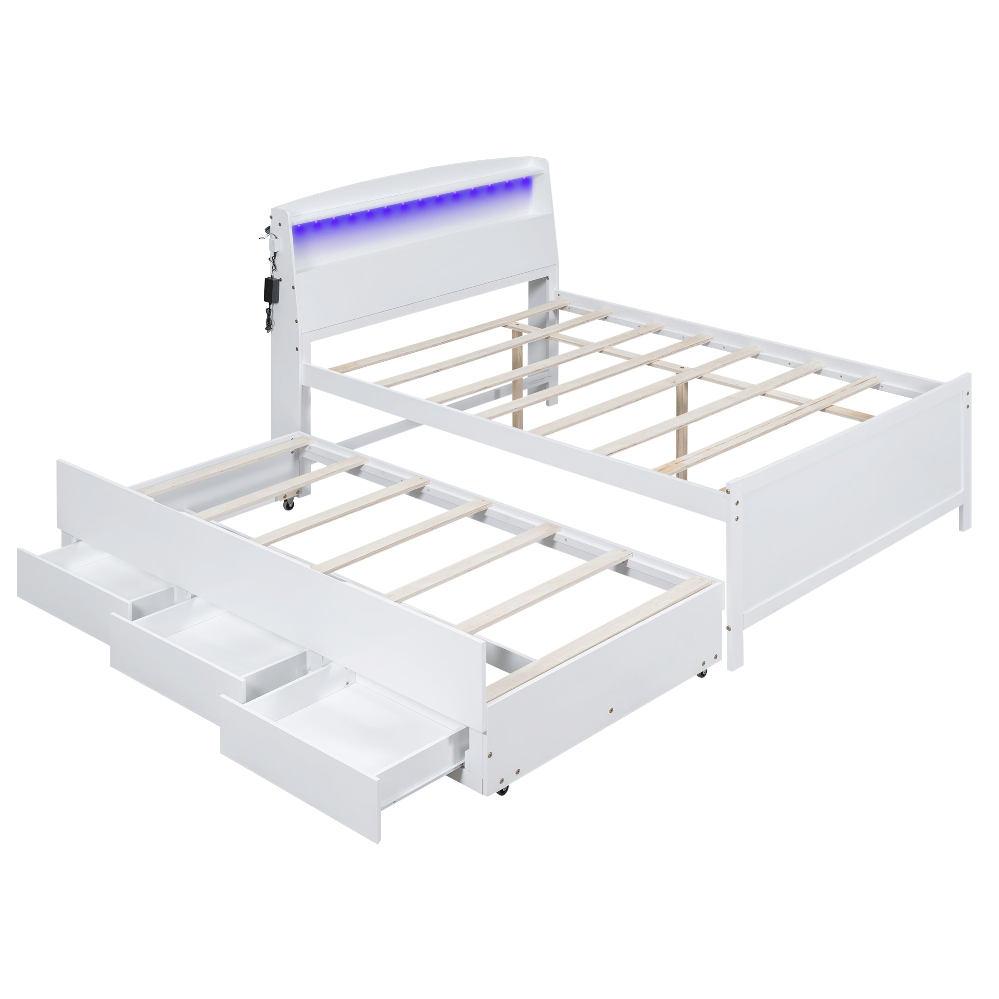 Full Size Platform Bed with Storage LED Headboard, Twin Size Trundle and 3 Drawers, White - Atlantic Fine Furniture Melbourne FL