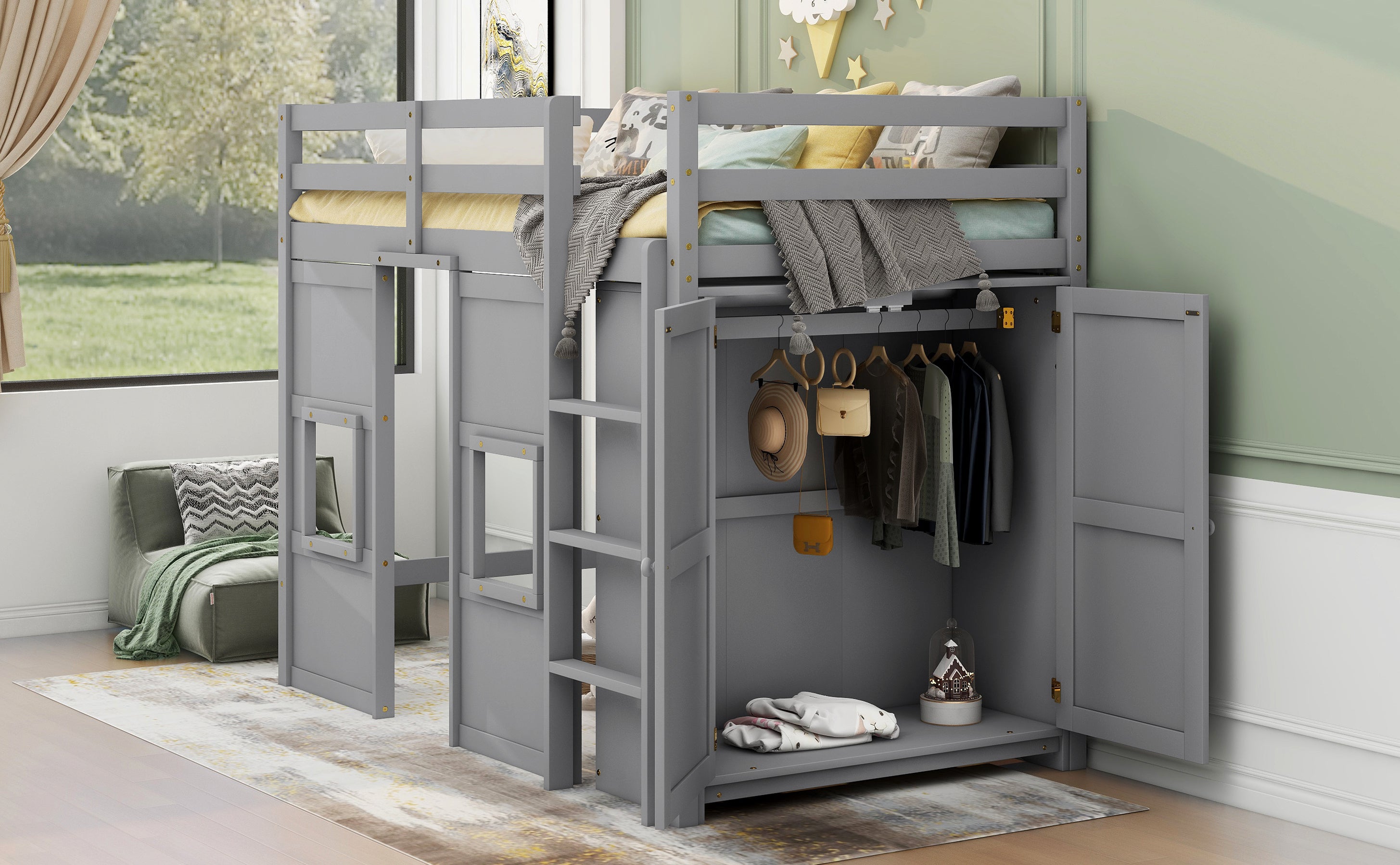 Wood Twin Size Loft Bed with Built-in Storage Wardrobe and 2 Windows, Gray - Atlantic Fine Furniture Melbourne FL