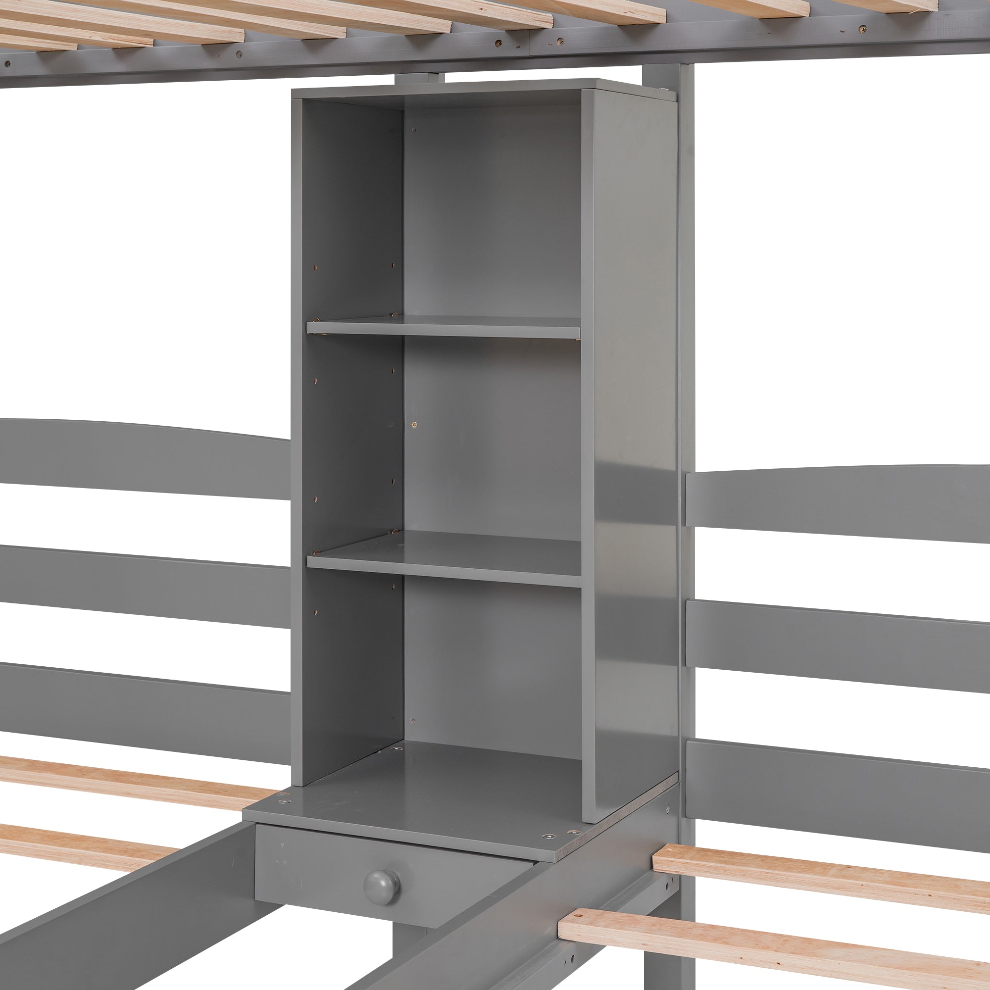 Twin over Twin&Twin Bunk Bed, Triple Bunk Bed with Drawers, Staircase with Storage, Built-in Shelves, Gray - Atlantic Fine Furniture Melbourne FL