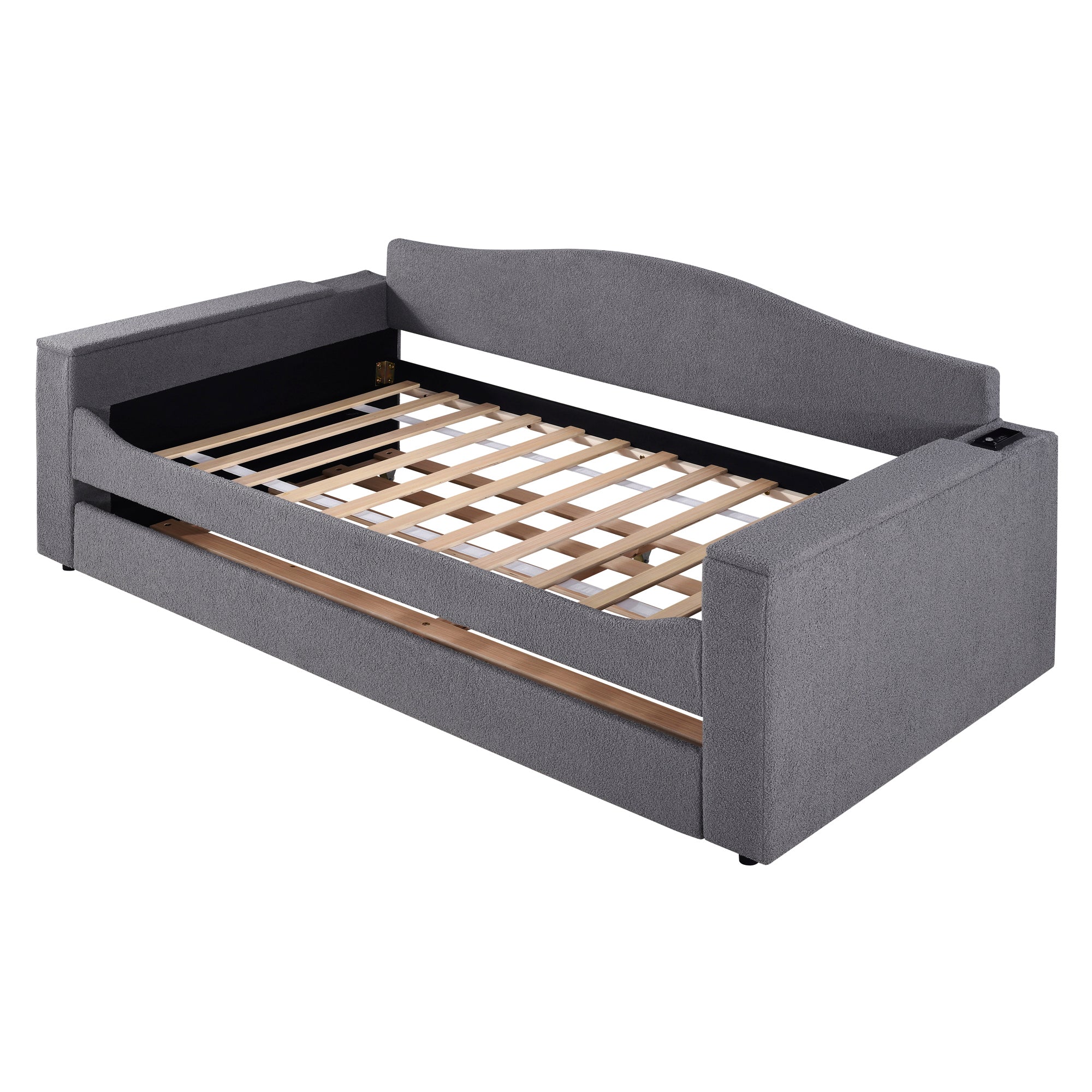Twin Size Upholstered Daybed with Storage Armrests, Trundle and Latest Integrated Bluetooth Audio System, Teddy Fleece, Gray - Atlantic Fine Furniture Melbourne FL