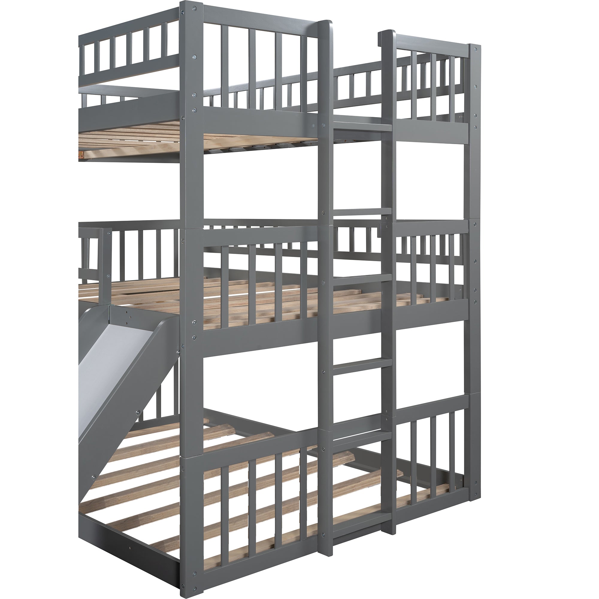Full-Over-Full-Over-Full Triple Bed with Built-in Ladder and Slide , Triple Bunk Bed with Guardrails, Gray(OLD SKU :LP000052AAE) - Atlantic Fine Furniture Melbourne FL