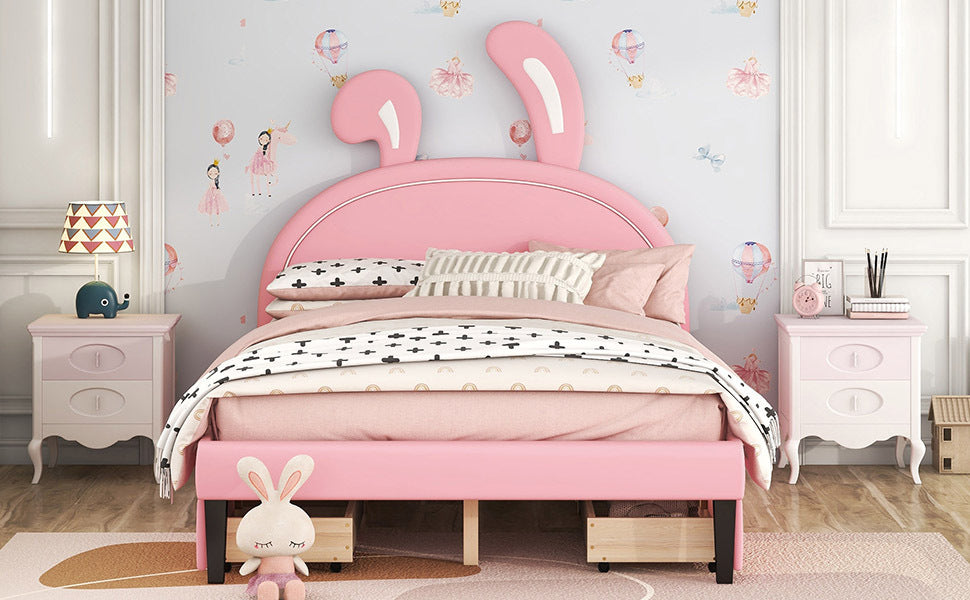Full Size Upholstered Leather Platform Bed with Rabbit Ornament and 4 Drawers, Pink - Atlantic Fine Furniture Melbourne FL