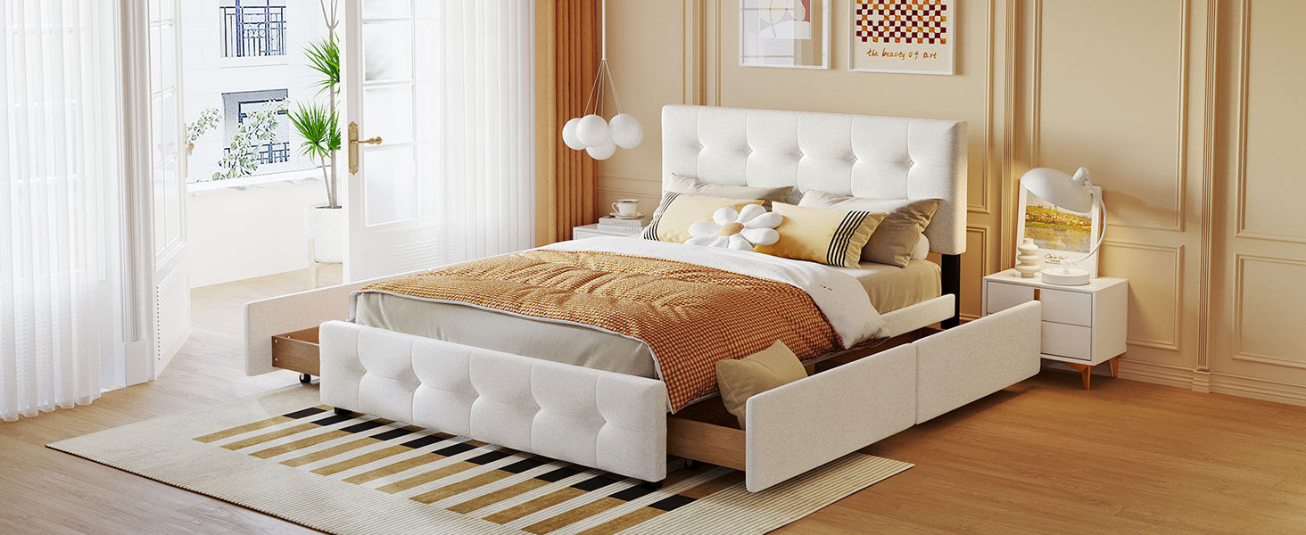 Upholstered Platform Bed with Classic Headboard and 4 Drawers, No Box Spring Needed, Linen Fabric, Queen Size White - Atlantic Fine Furniture Melbourne FL