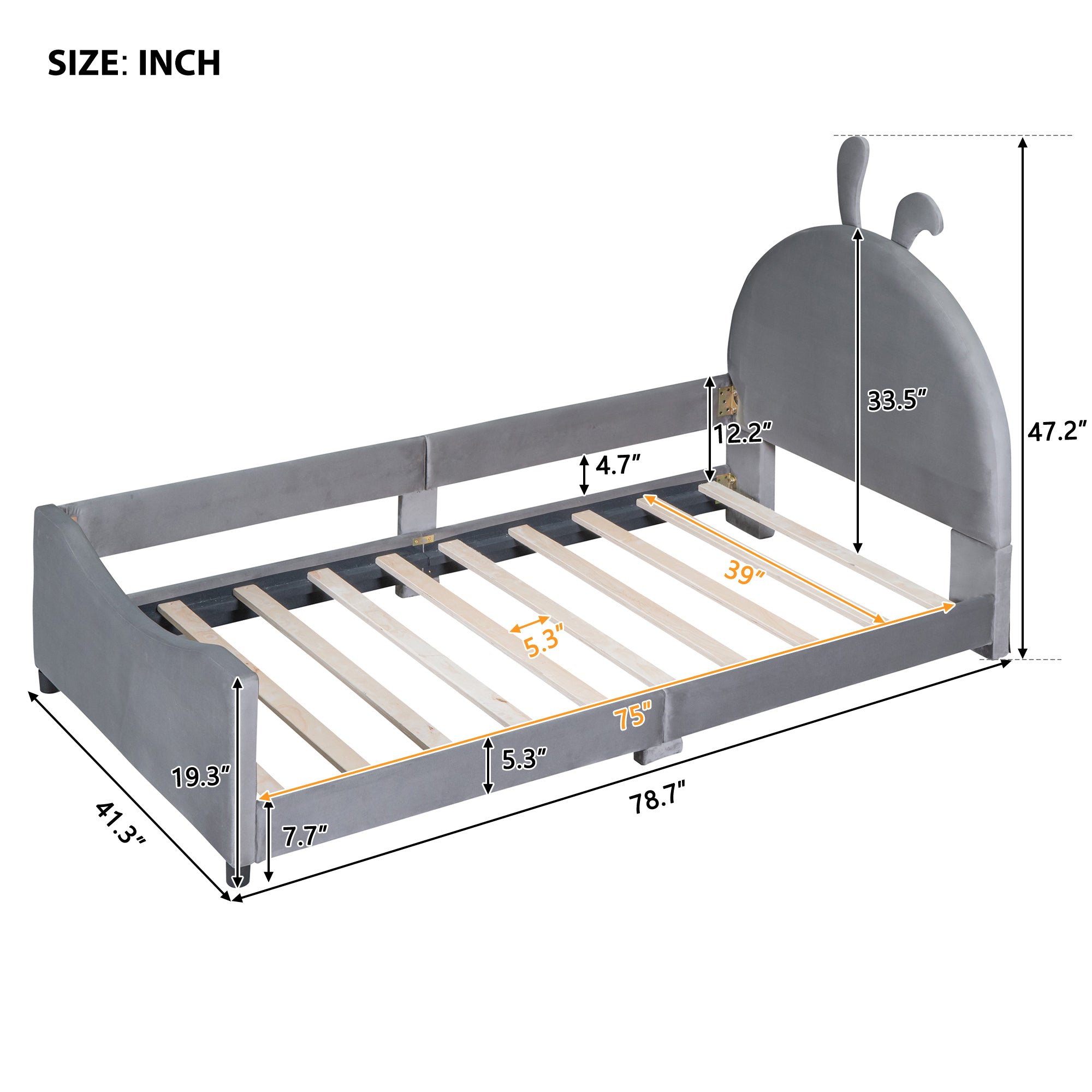 Twin Size Upholstered Daybed with Rabbit Ear Shaped Headboard, Gray - Atlantic Fine Furniture Melbourne FL