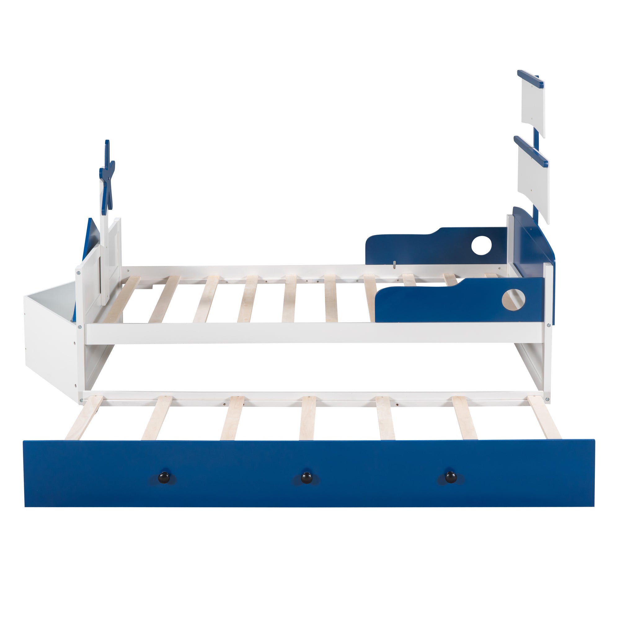 3-Pieces Bedroom Sets,Twin Size Boat-Shaped Platform Bed with Trundle and Two Nightstands,White+Blue - Atlantic Fine Furniture Melbourne FL