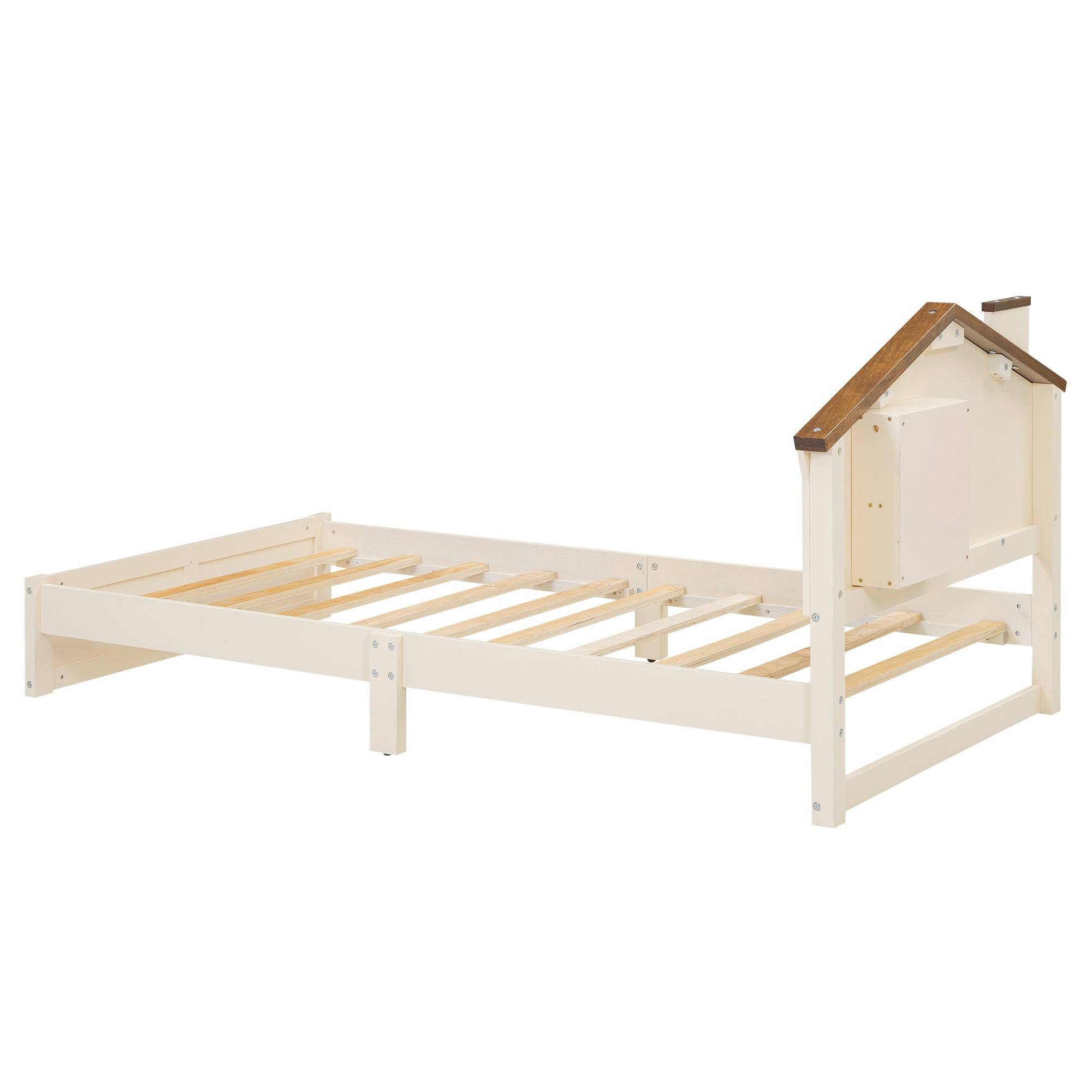 Twin Size Wood Platform Bed with House-shaped Headboard and Built-in LED, Walnut+Milk White - Atlantic Fine Furniture Melbourne FL