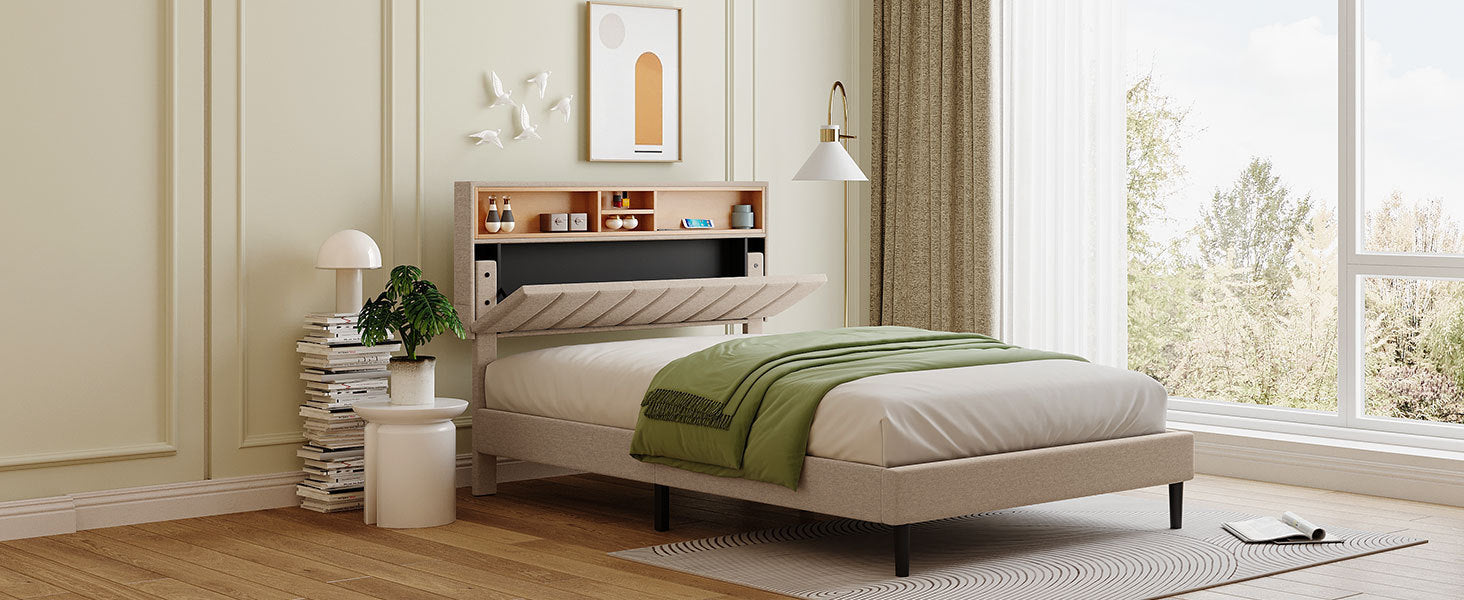 Full size Upholstered Platform Bed with Storage Headboard and USB Port, Linen Fabric Upholstered Bed (Beige)