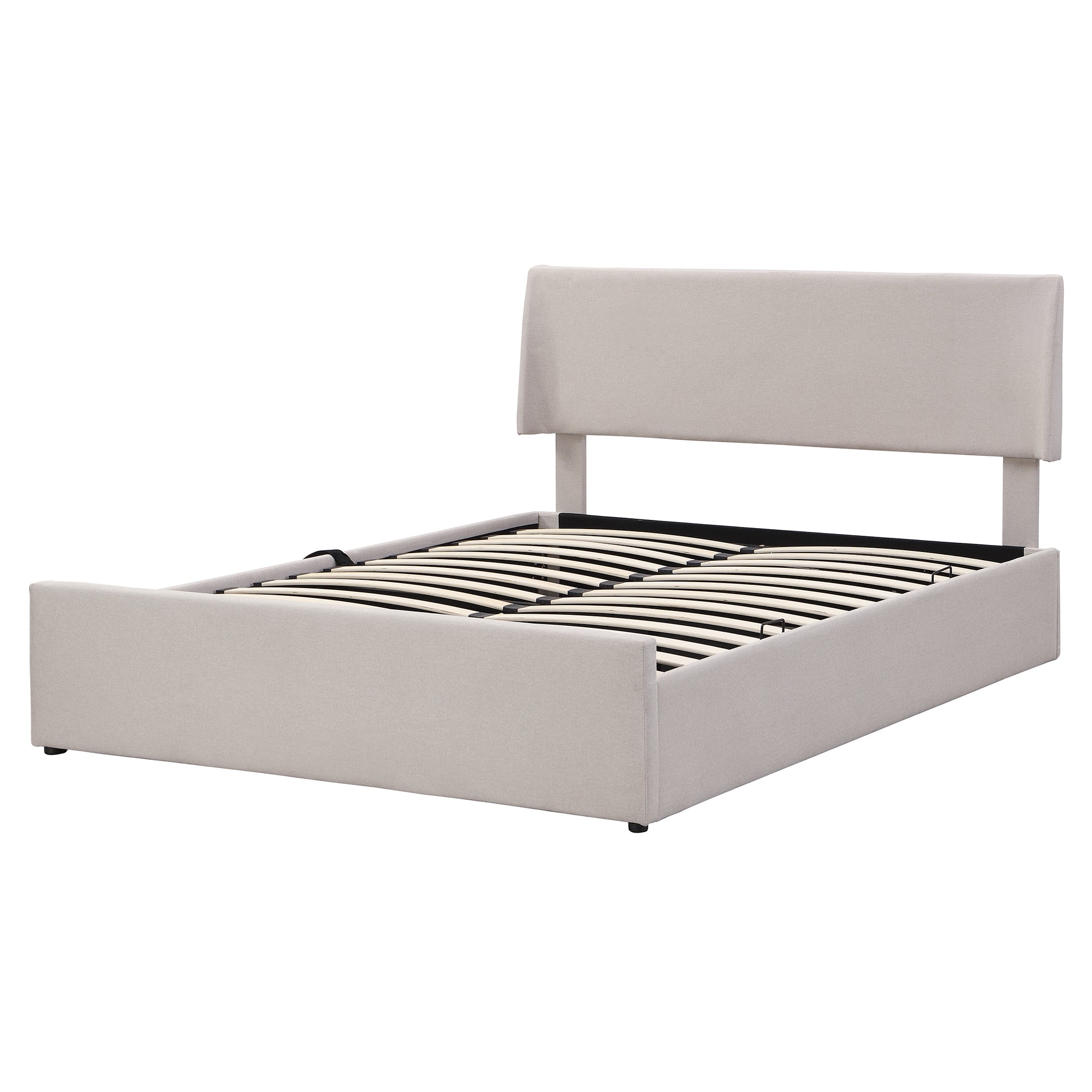 Queen Size Sleigh Bed with Side-Tilt Hydraulic Storage System, Linen Upholstery, Beige - Atlantic Fine Furniture Melbourne FL
