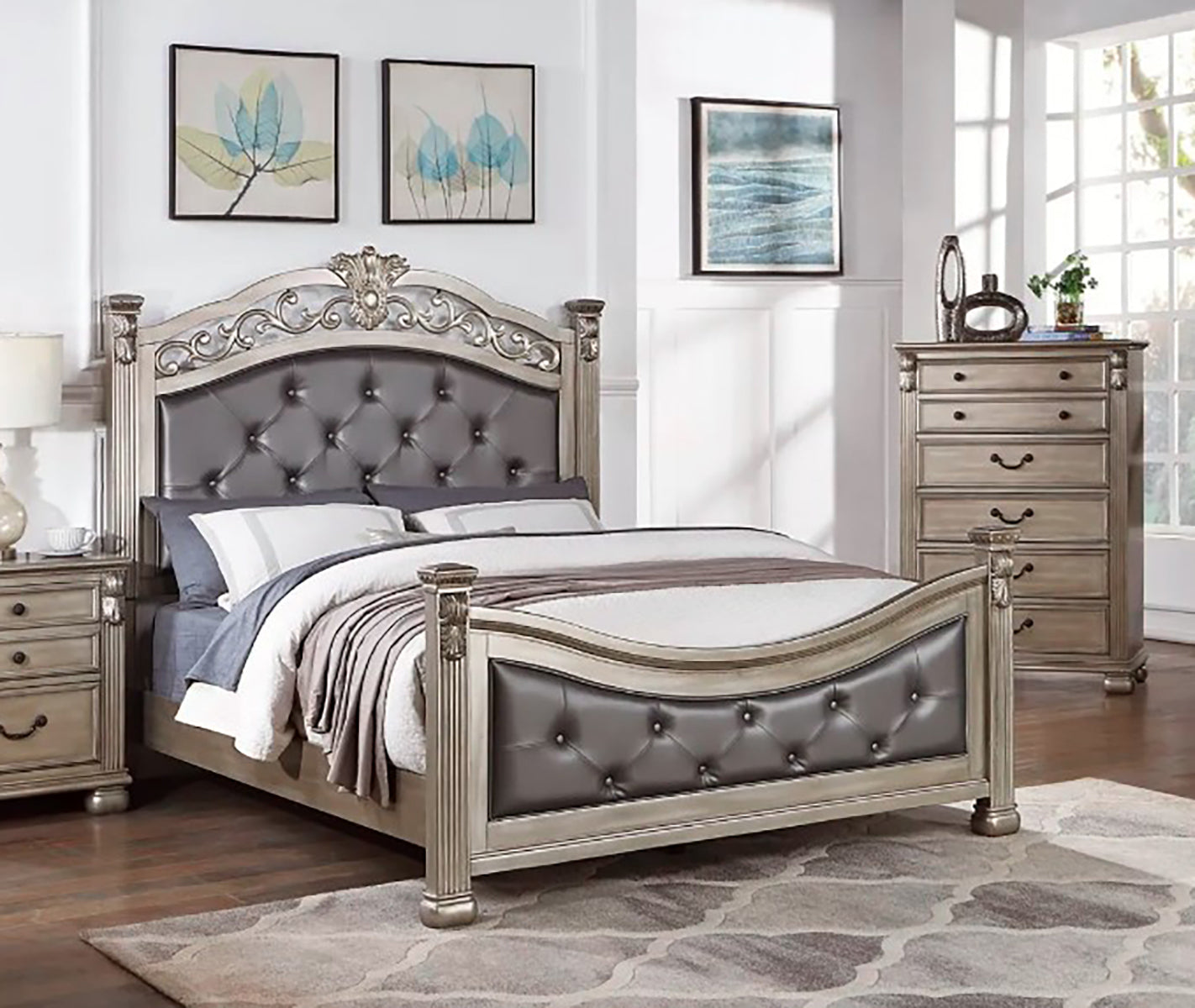 Formal Traditional Antique Silver 1pc Queen Size Bed Tufted Faux Leather Headboard Footboard Bedframe