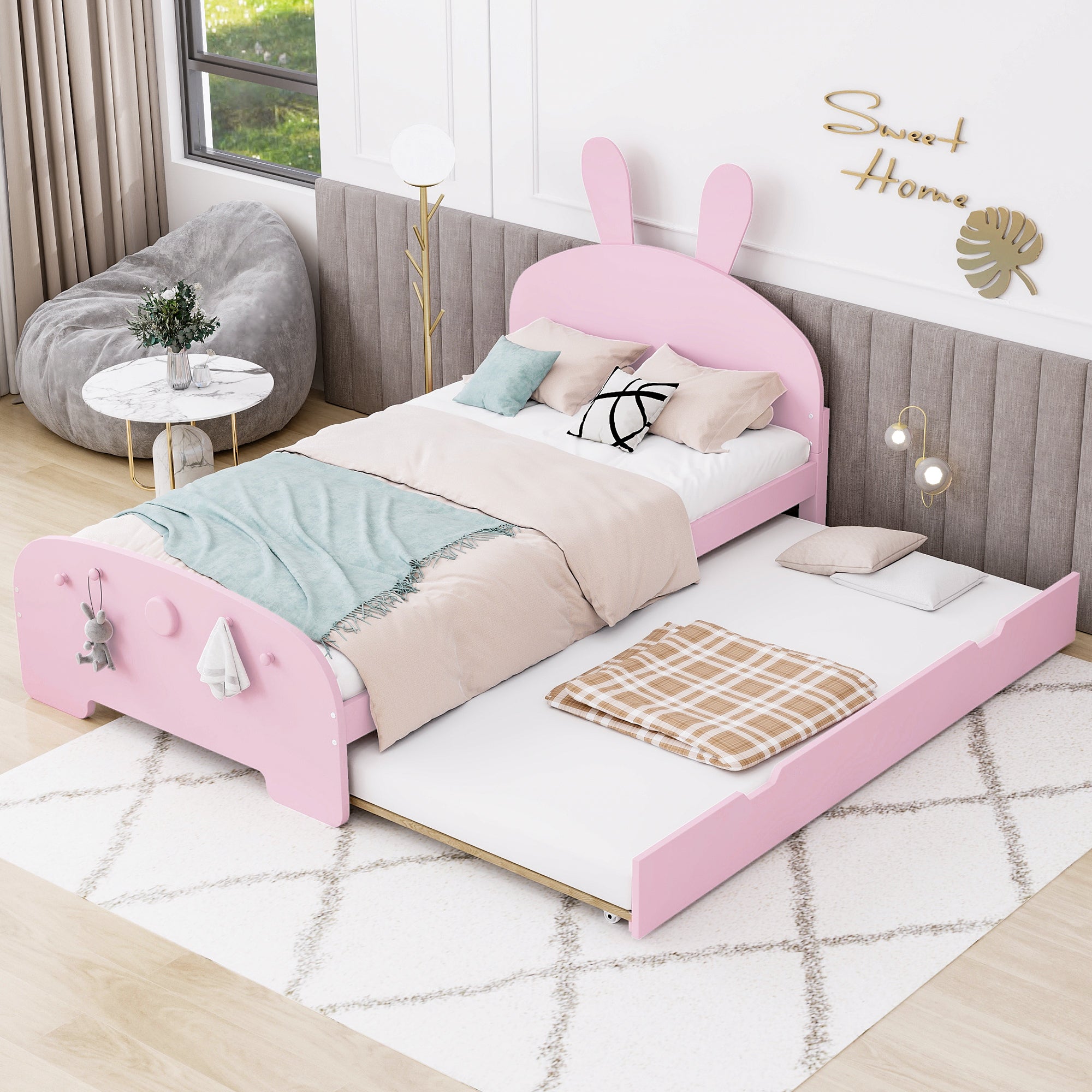 Wood Twin Size Platform Bed with Cartoon Ears Shaped Headboard and Trundle, Pink - Atlantic Fine Furniture Melbourne FL