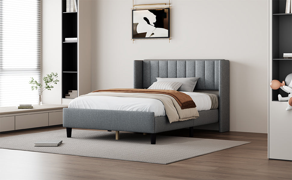 Queen size Upholstered Platform Bed Frame with Headboard, Mattress Foundation, Wood Slat Support, Quiet, no Box Spring Needed, Easy to Assemble Light Grey