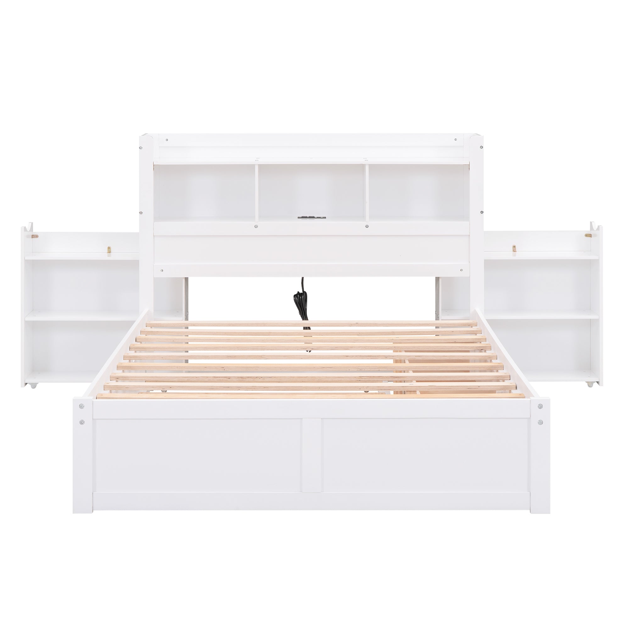 Full Size Storage Platform Bed with Pull Out Shelves, Twin Size Trundle and 2 Drawers, White - Atlantic Fine Furniture Melbourne FL