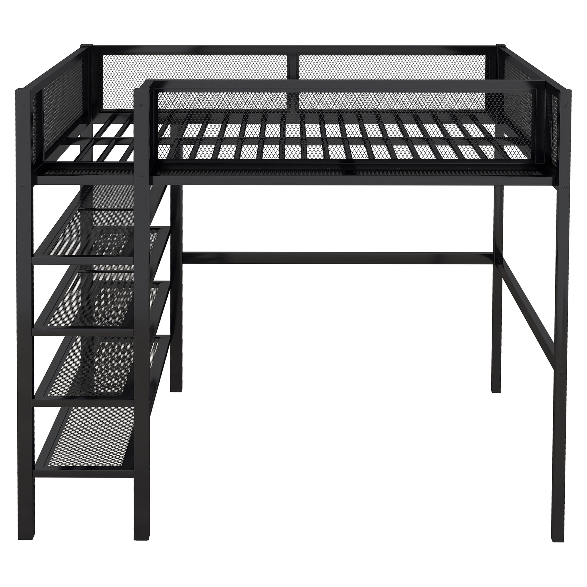 Full Size Metal Loft Bed with 4-Tier Shelves and Storage, Black - Atlantic Fine Furniture Melbourne FL