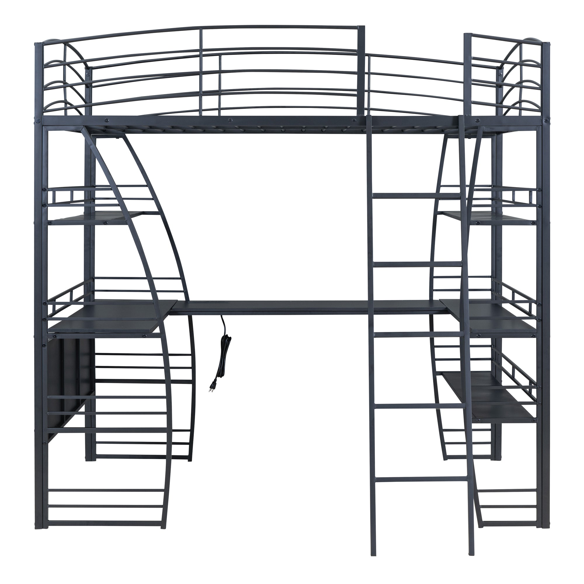 Full Size Loft Bed with 4 Layers of Shelves and L-shaped Desk, Stylish Metal Frame Bed with a set of Sockets, USB Ports and Wireless Charging, Black - Atlantic Fine Furniture Melbourne FL