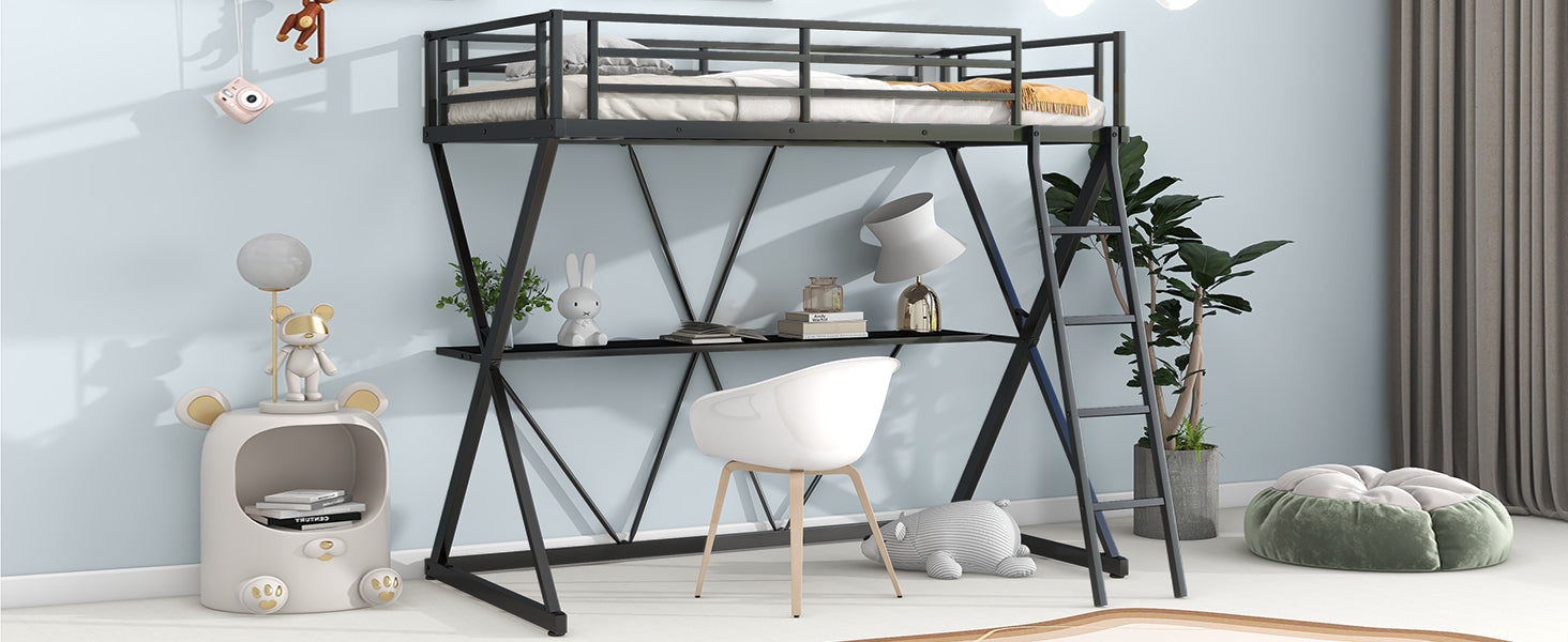 Twin Size Loft Bed with Desk, Ladder and Full-Length Guardrails, X-Shaped Frame, Black(Old SKU: MF297073AAB) - Atlantic Fine Furniture Melbourne FL