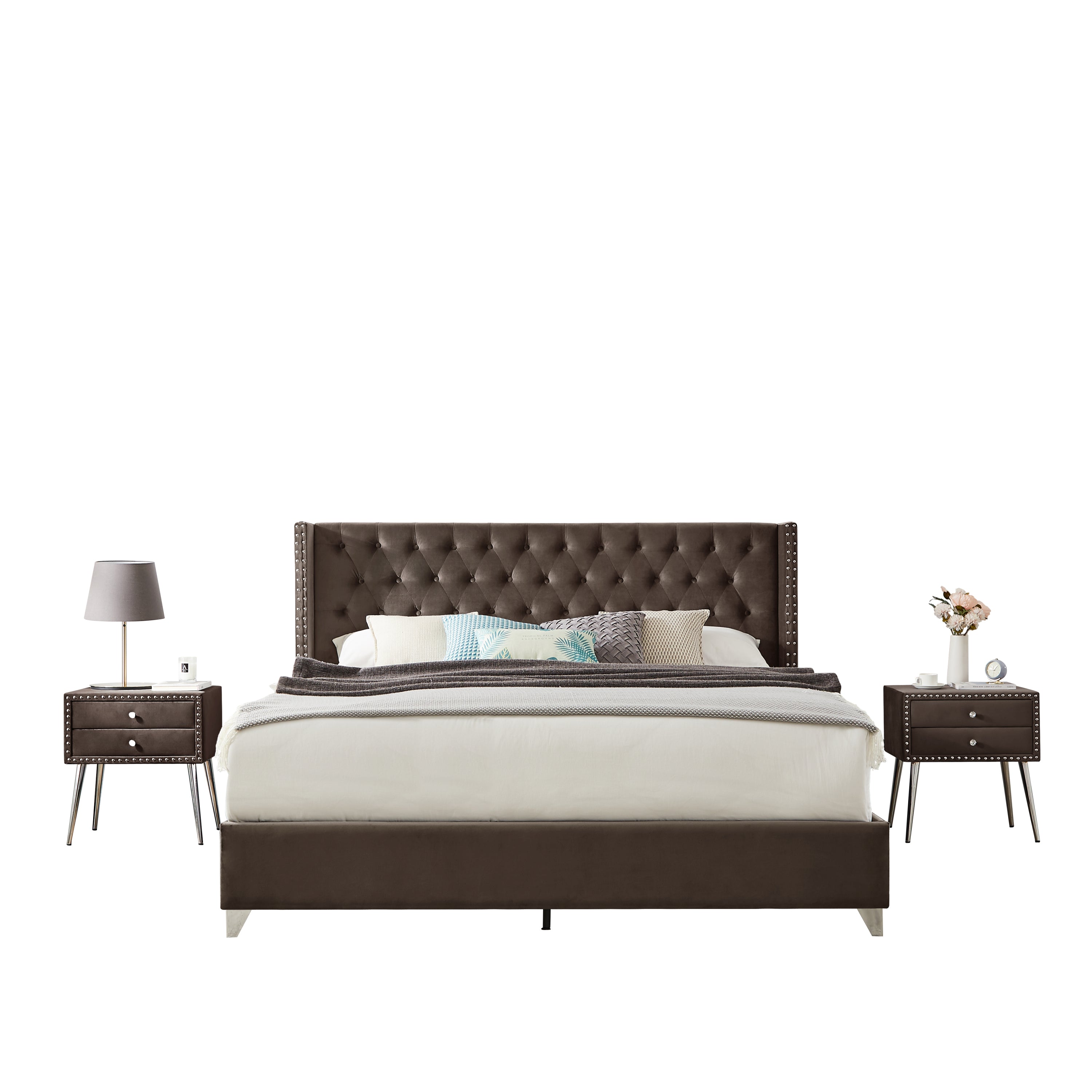 B100S King bed with two nightstands, Button designed Headboard,strong wooden slats + metal legs with Electroplate