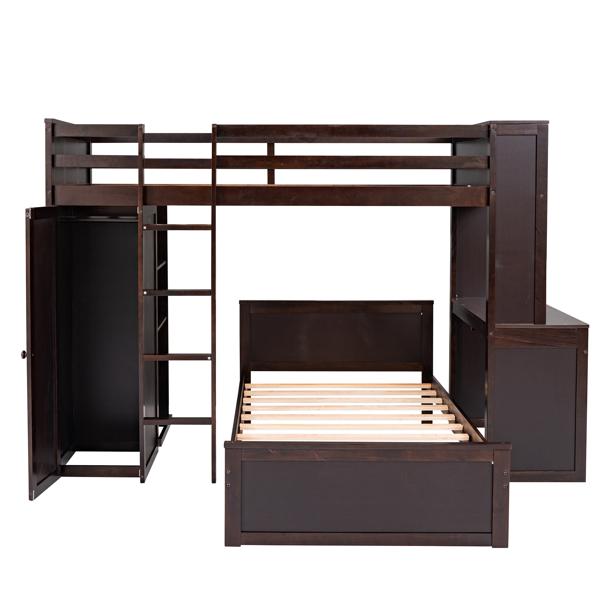 Twin size Loft Bed with a Stand-alone bed, Shelves,Desk,and Wardrobe-Espresso - Atlantic Fine Furniture Melbourne FL