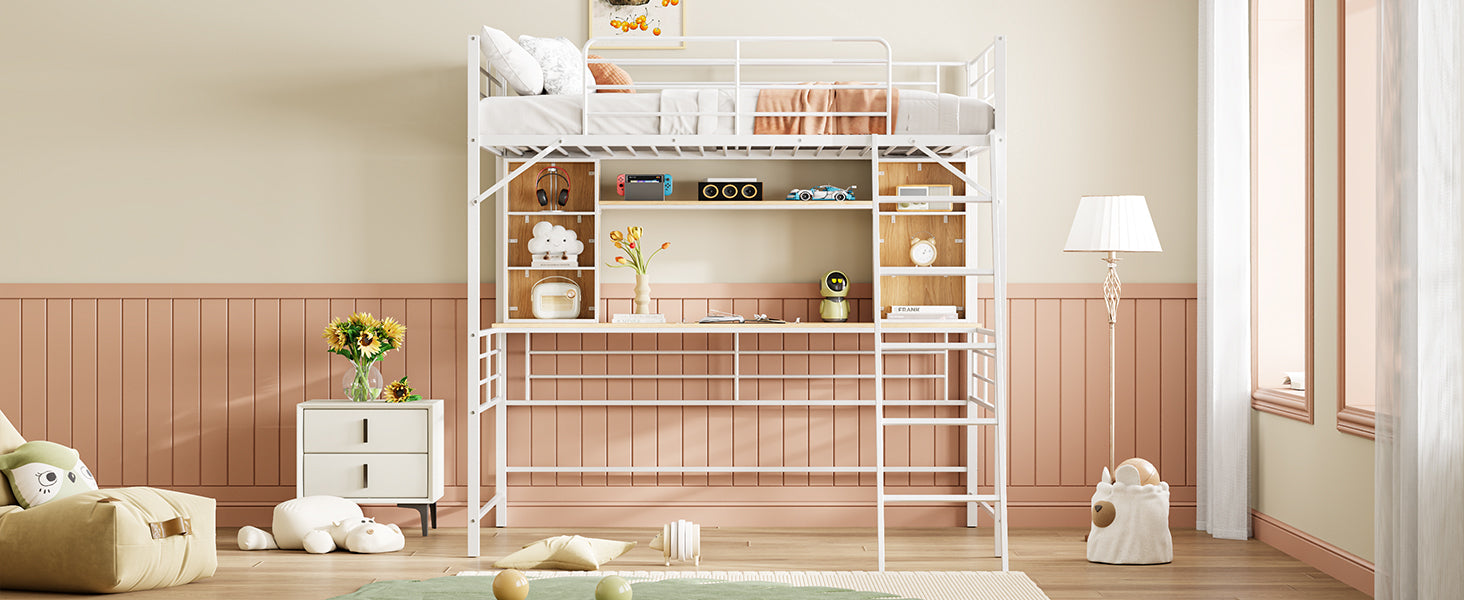 Full Size Loft Bed with Desk and Shelf, Loft Bed with Ladder,Full,White - Atlantic Fine Furniture Melbourne FL