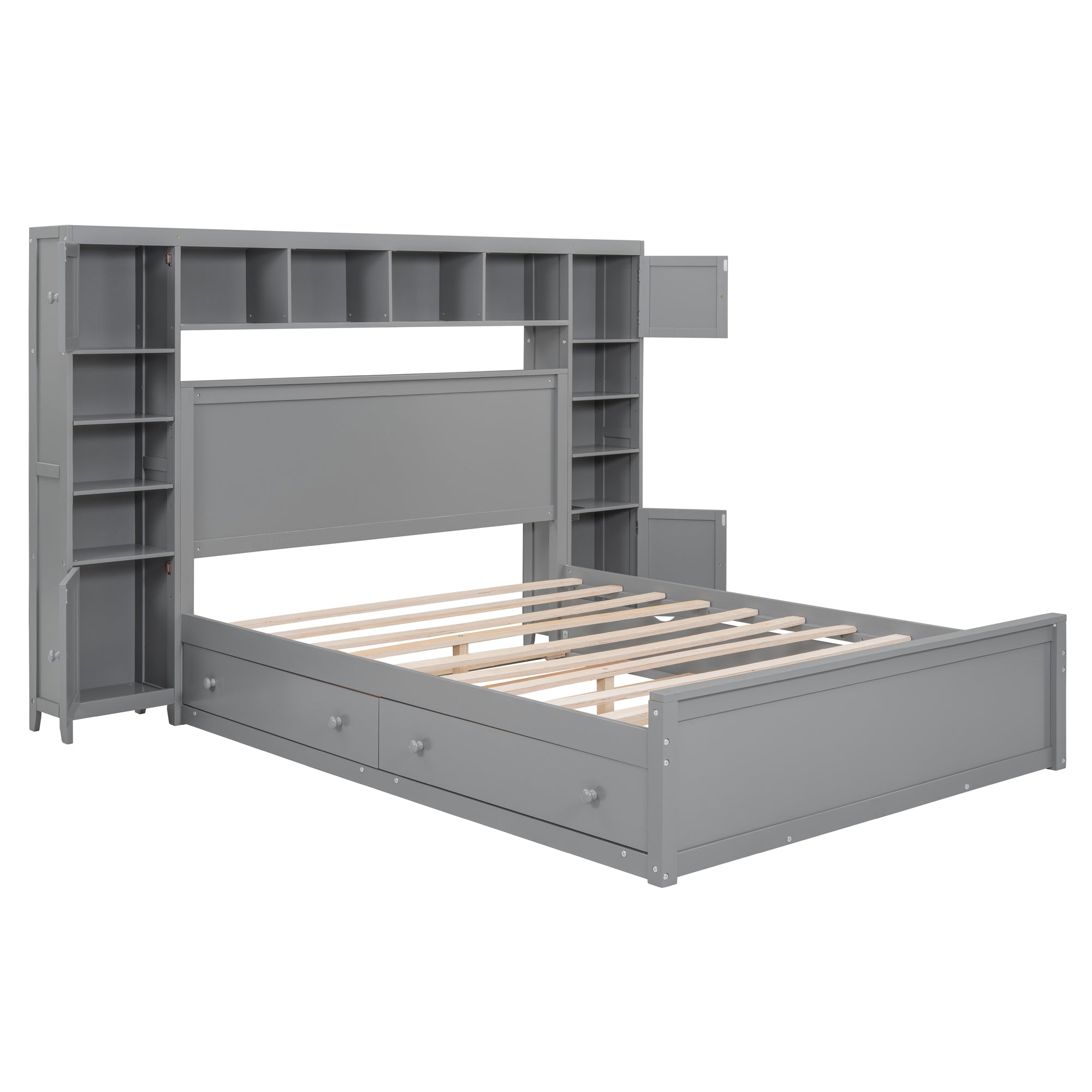 Queen Size Wooden Bed With All-in-One Cabinet, Shelf and Sockets, Gray - Atlantic Fine Furniture Melbourne FL