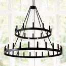 2 Tiers Wagon Wheel Chandelier Wooden Farmhouse 36 Light (24 / 12) Or (12 / 24) Metal Chandeliers 2 Story Light Fixtures Industrial For High Ceiling Living Dining Room Foyer, Adjustable Height - Black