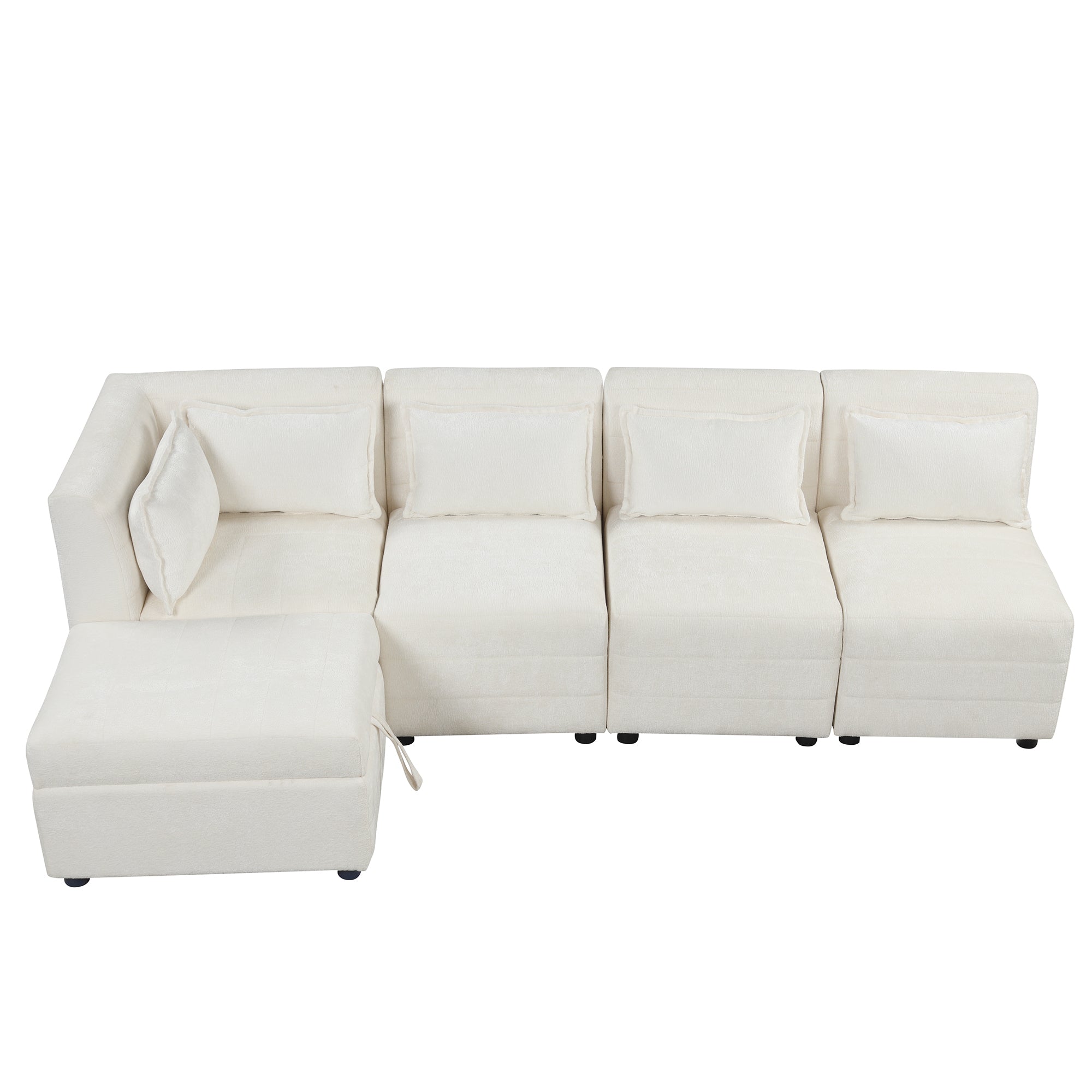 Free-Combined Sectional Sofa 5-seater Modular Couches with Storage Ottoman, 5 Pillows for Living Room, Bedroom, Office, Cream