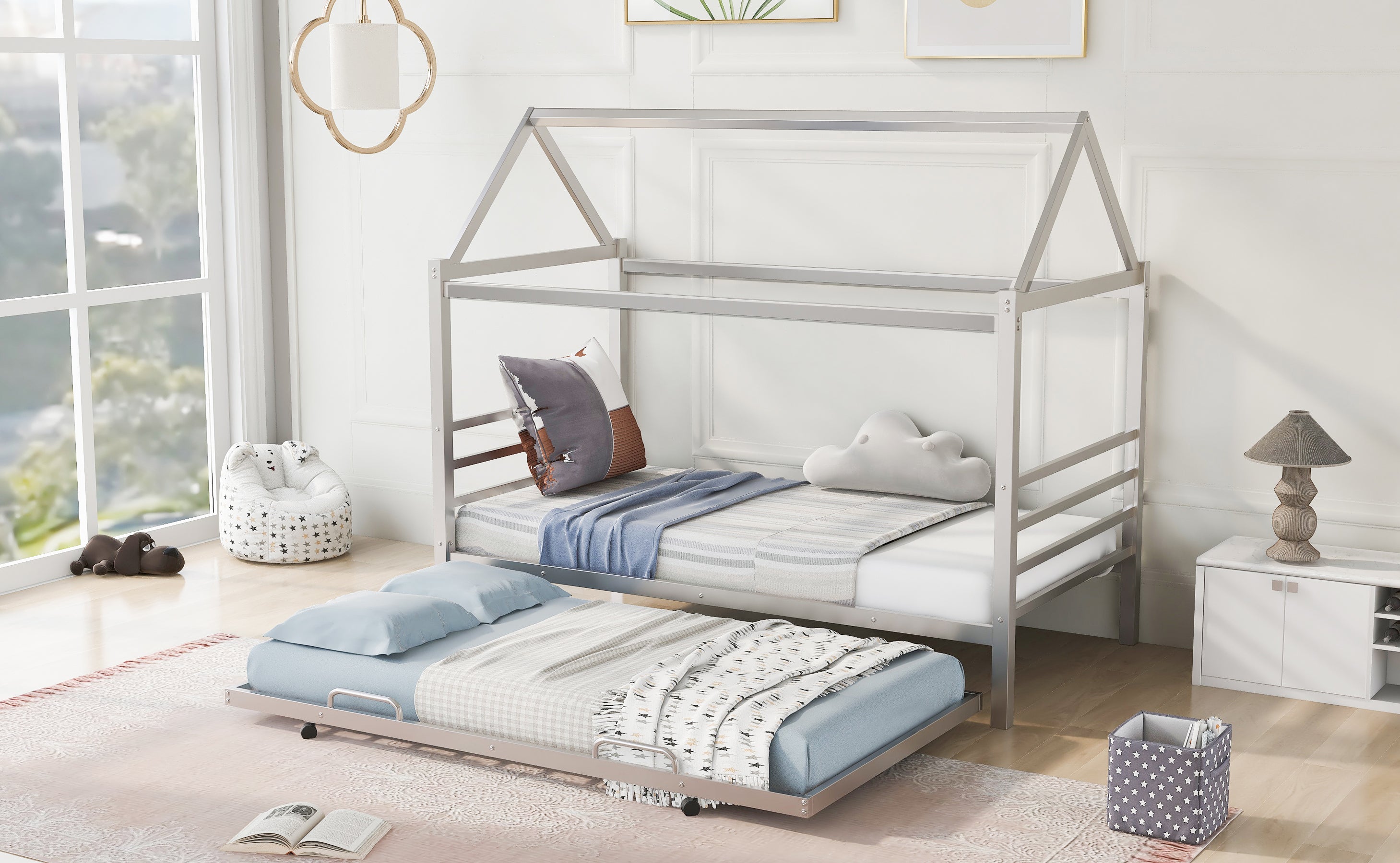 Twin Size Metal House Shape Platform Bed with Trundle,Silver - Atlantic Fine Furniture Melbourne FL