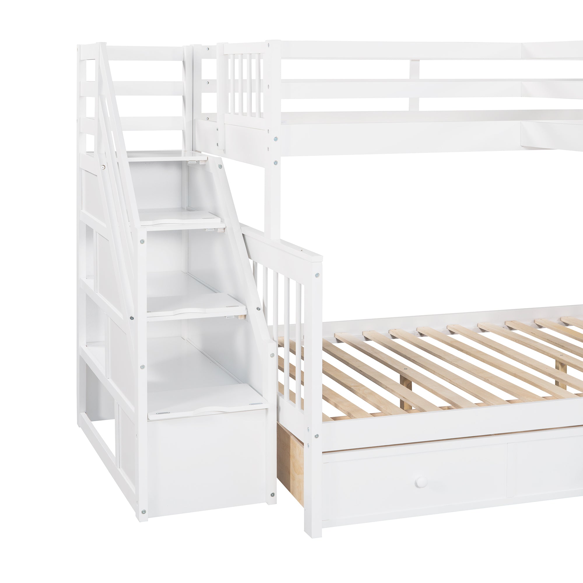 Twin over Full L-Shaped Bunk Bed With 3 Drawers, Ladder and Staircase - White - Atlantic Fine Furniture Melbourne FL