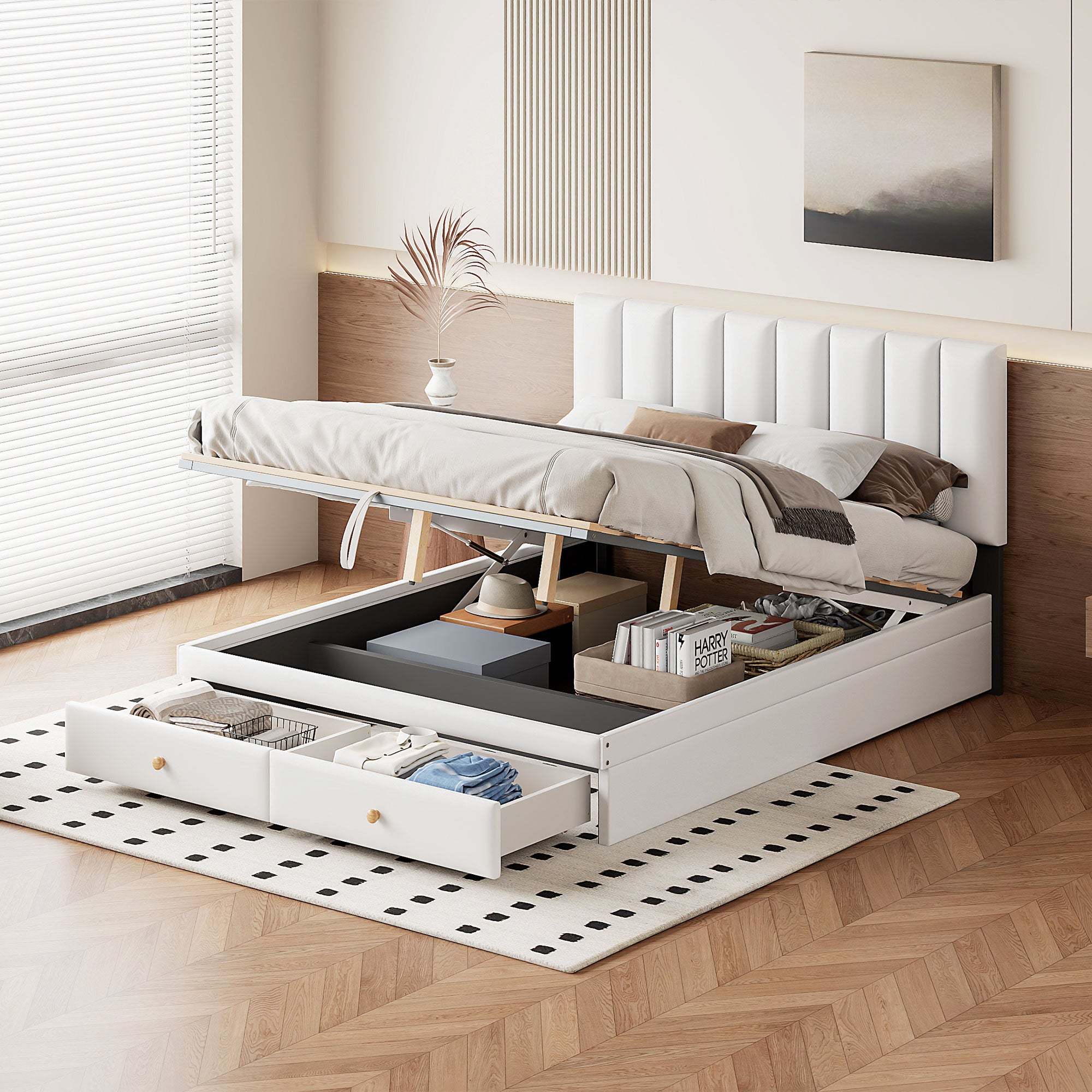 Queen Size Upholstered Bed with Hydraulic Storage System and Drawer, White - Atlantic Fine Furniture Melbourne FL